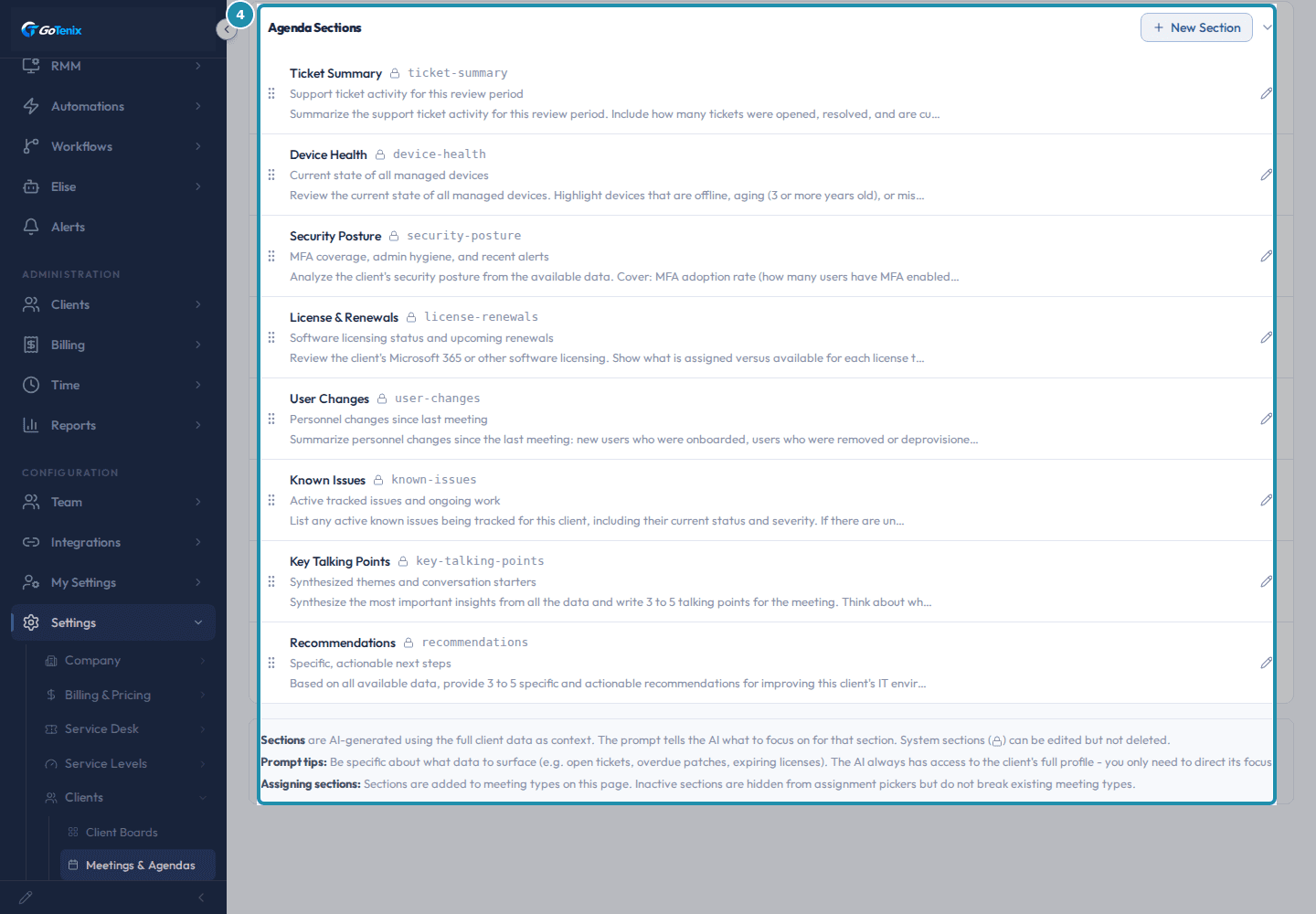 The Agenda Sections table, boxed, showing eight sections each with a title, slug, description and the start of its AI prompt.