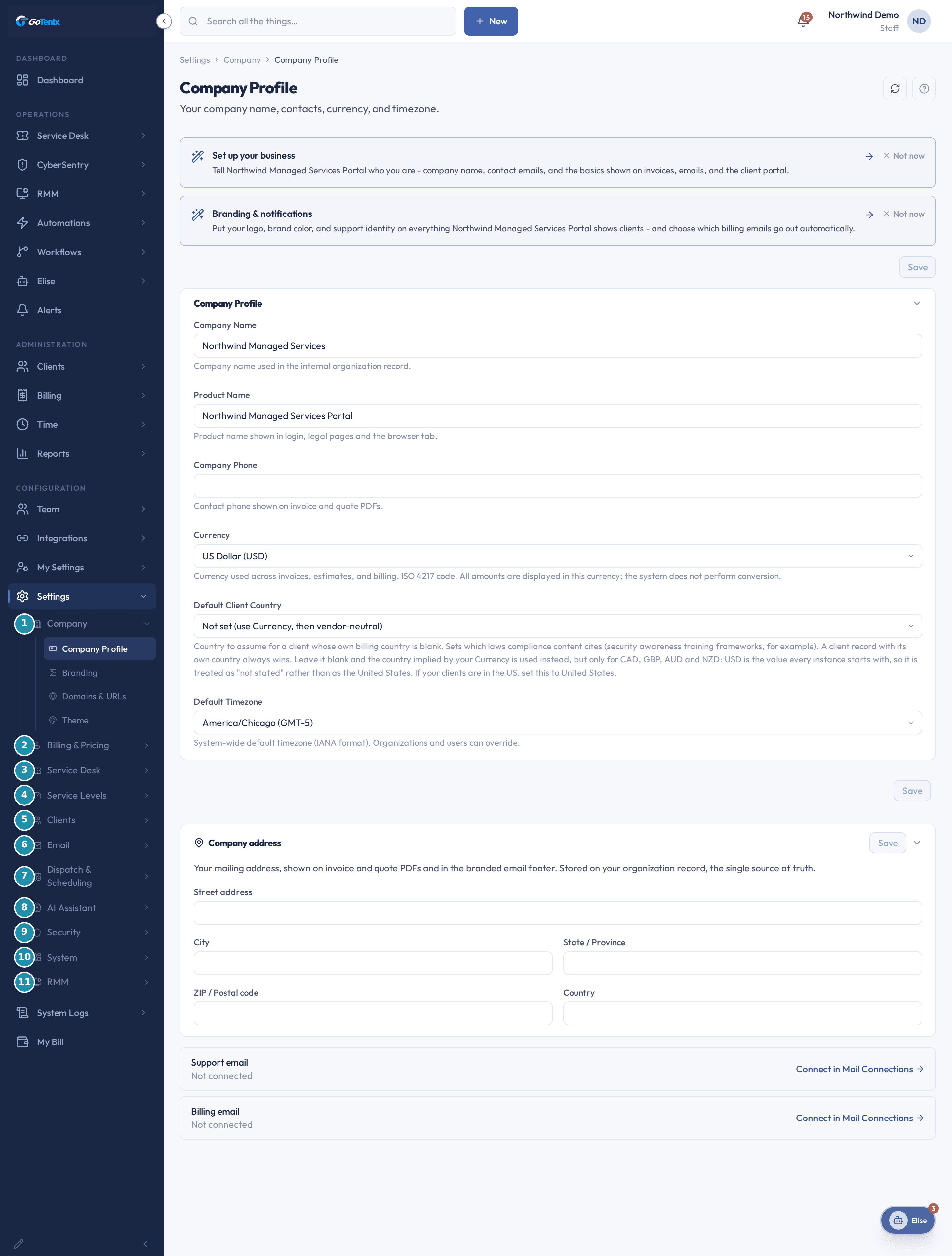 The Settings page with the sidebar tree showing the Company group open and numbered teal badges on the 11 settings groups: Company, Billing & Pricing, Service Desk, Service Levels, Clients, Email, Dispatch & Scheduling, AI Assistant, Security, System and RMM.