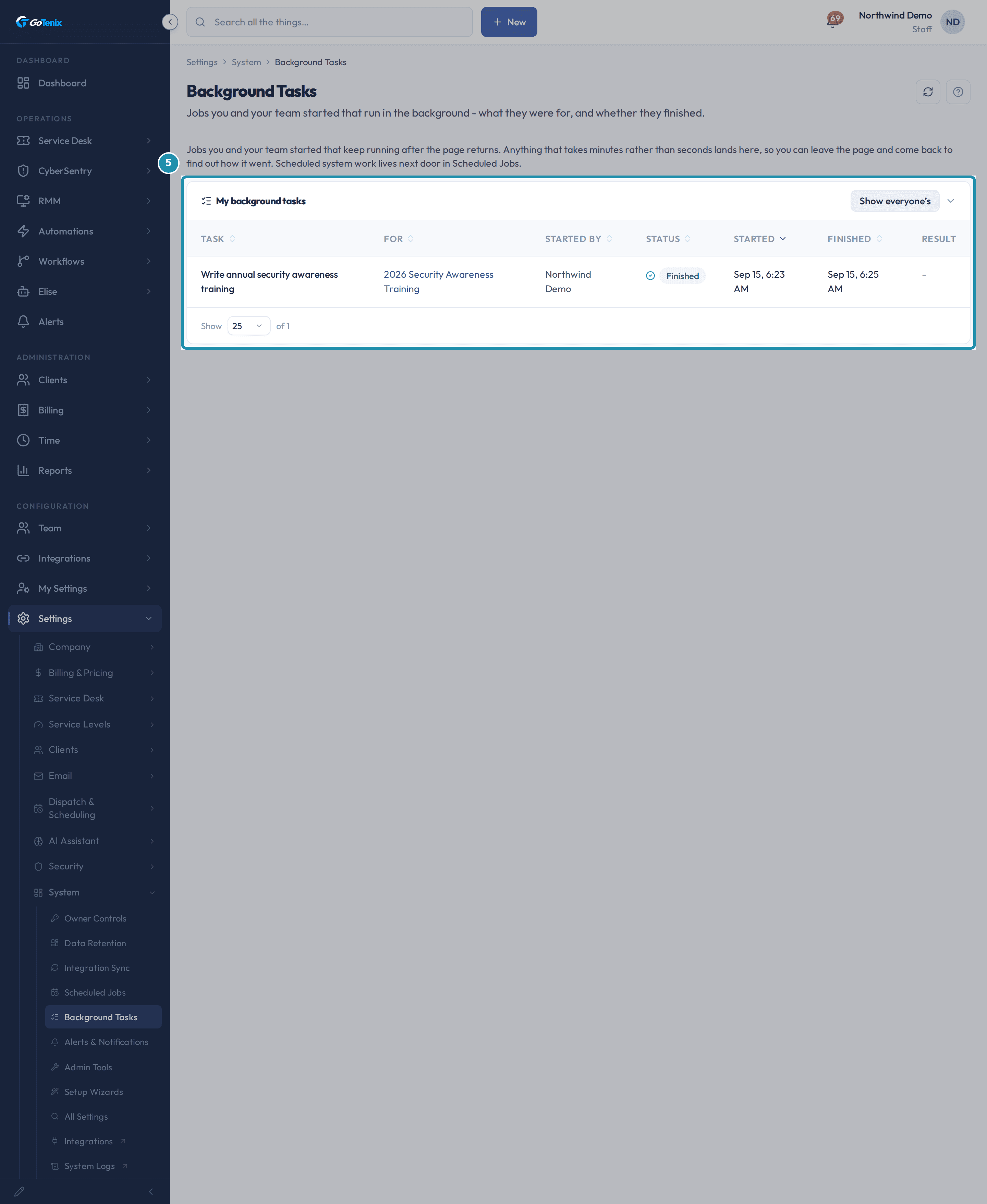 The My background tasks table with one row: Write annual security awareness training, for 2026 Security Awareness Training, started by Northwind Demo, status Finished, with a Show everyone's button.