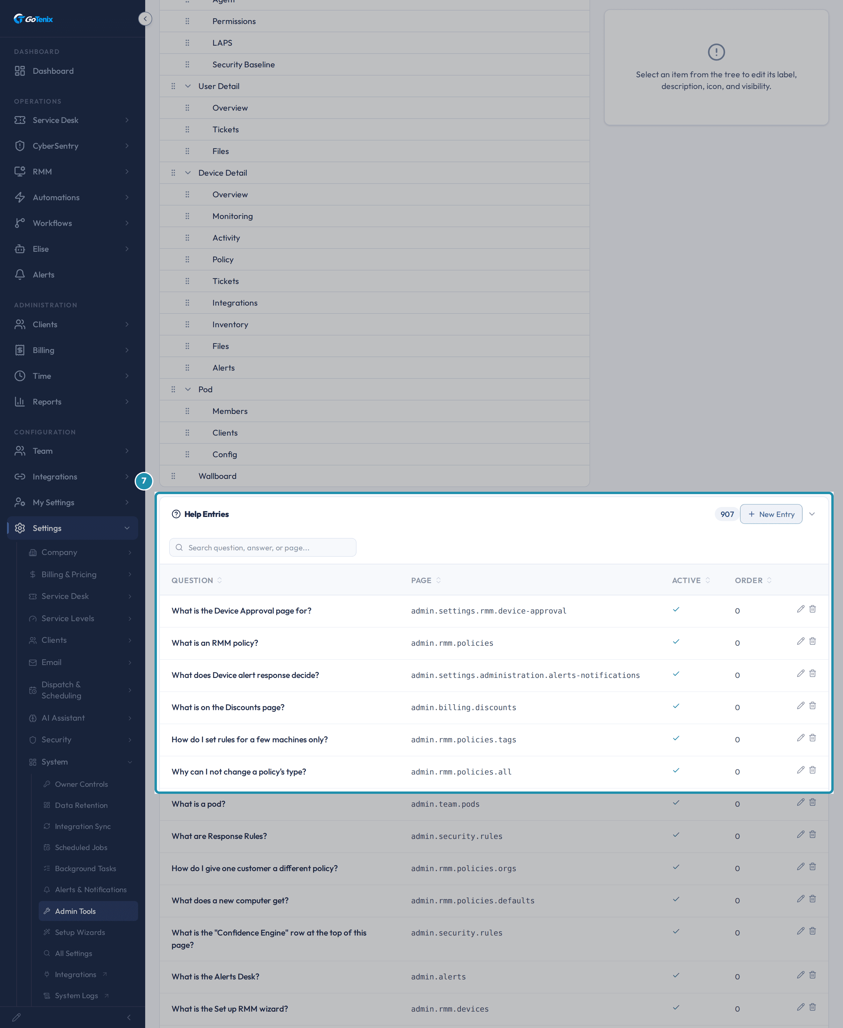 The Help Entries card with a New Entry button, a search box, and a table of questions with their Page, Active and Order columns.