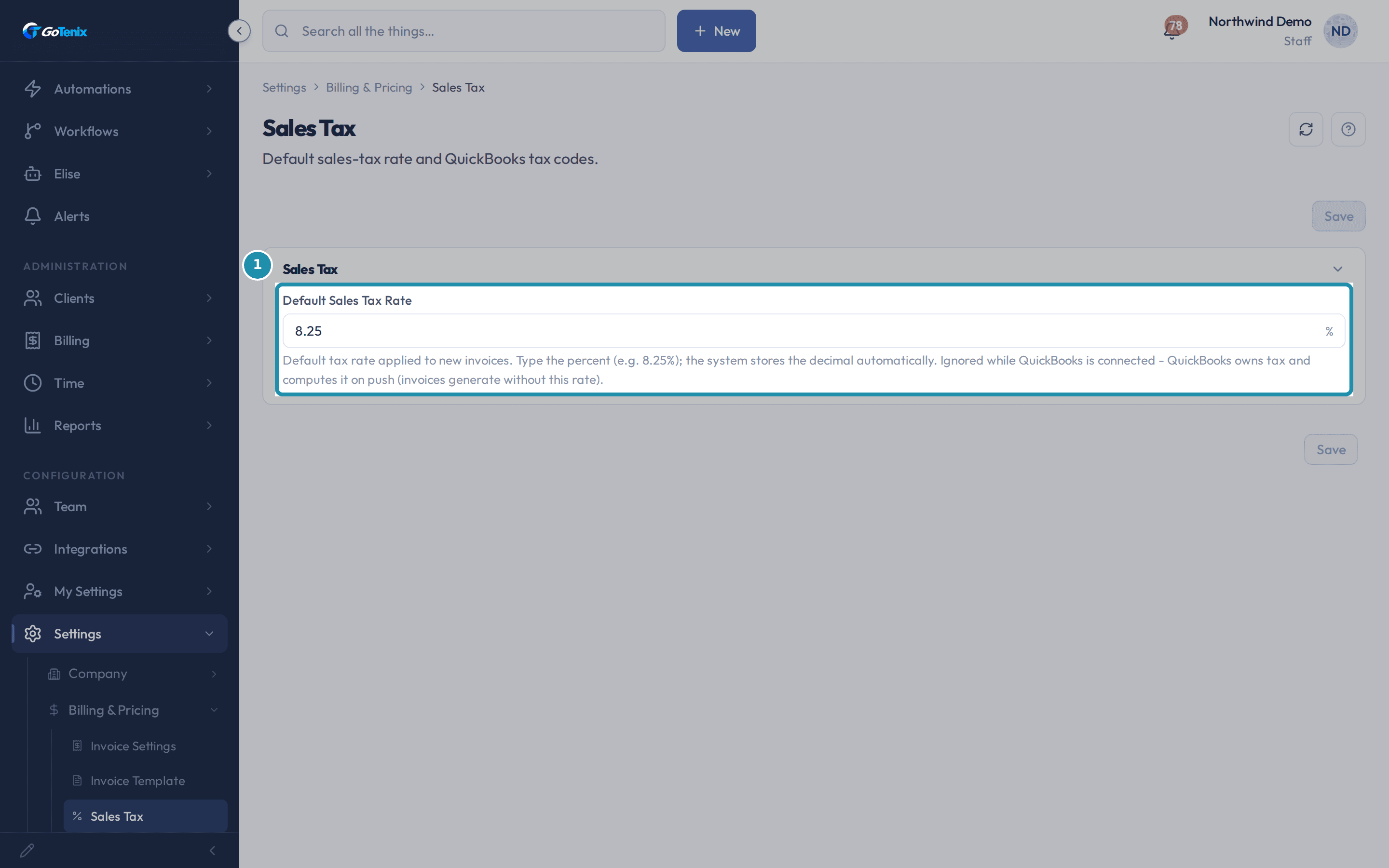 The Default Sales Tax Rate field on the Sales Tax page, boxed, showing a rate entered as a percent.