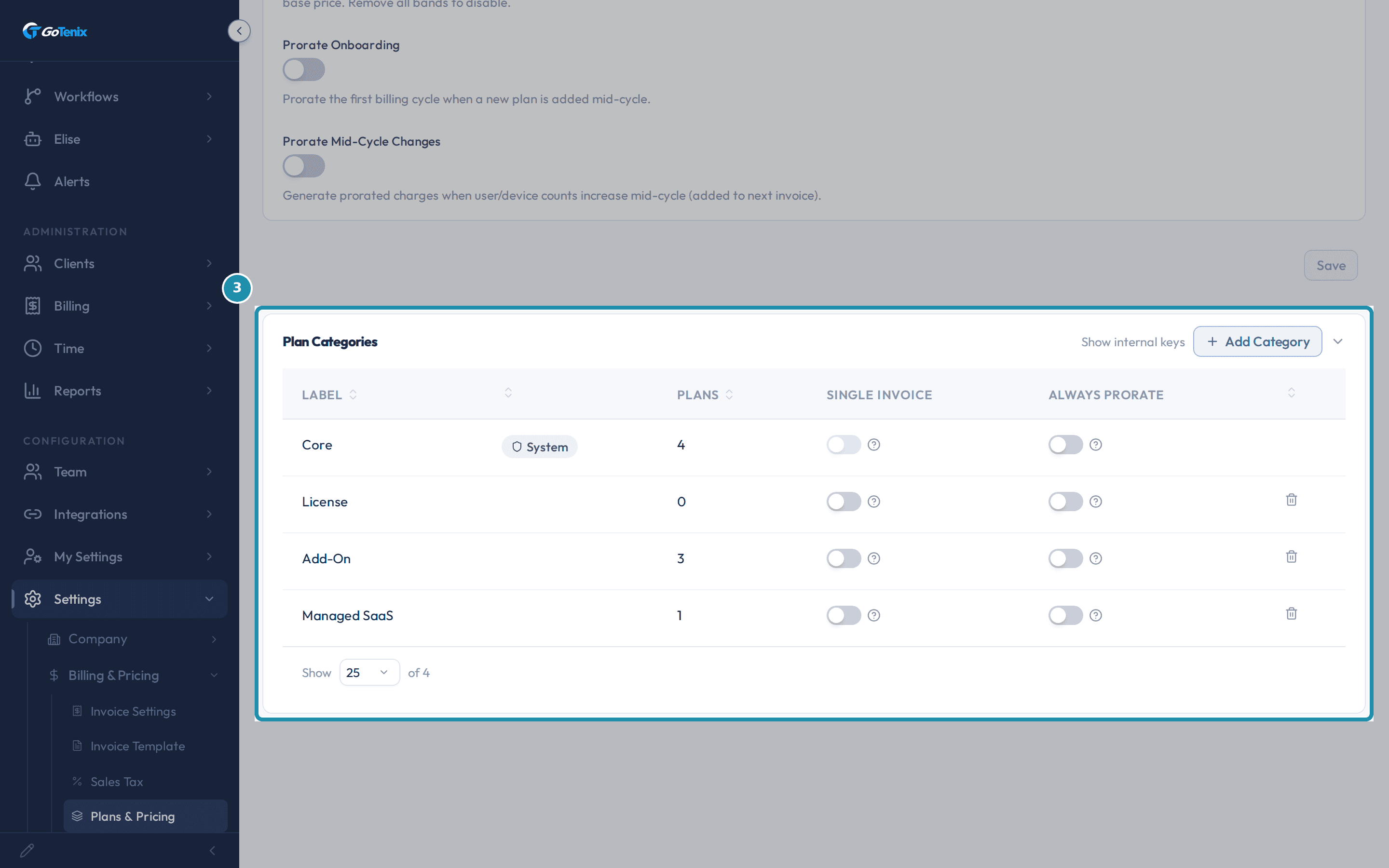 The Plan Categories table, boxed, with its Label, Plans, Single invoice and Always prorate columns and the Add Category button.