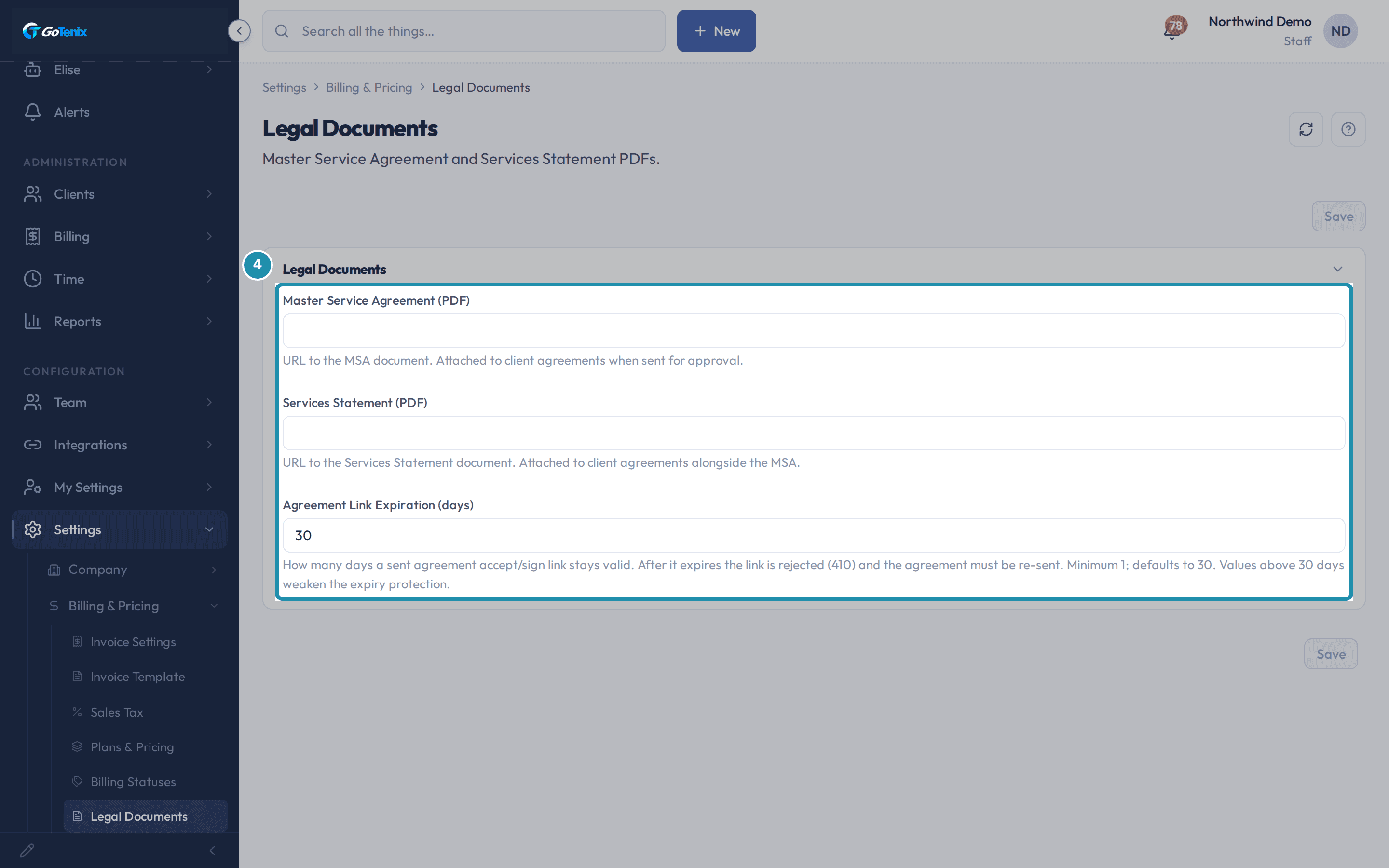 The Legal Documents page, boxed, showing the Master Service Agreement (PDF), Services Statement (PDF) and Agreement Link Expiration (days) fields.