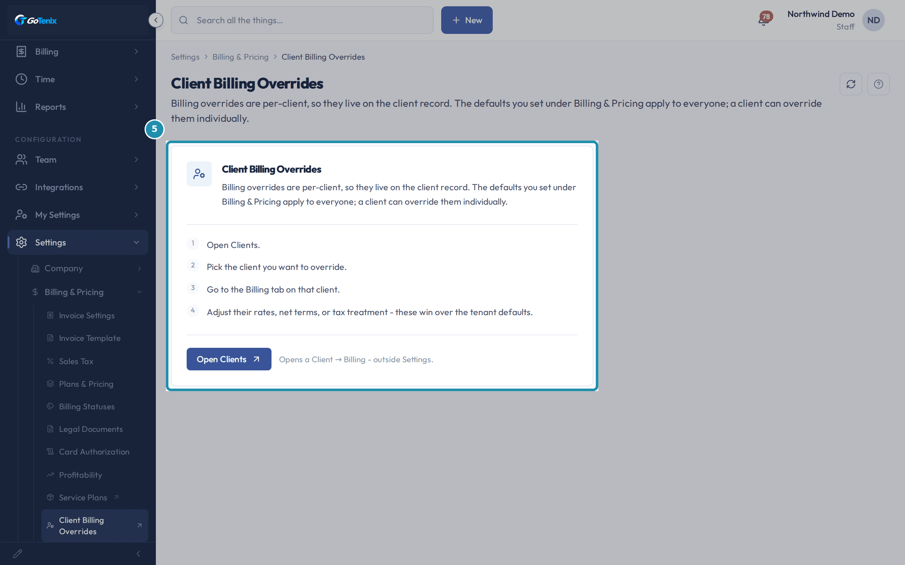 The Client Billing Overrides page, boxed, showing its four numbered steps and the Open Clients button.