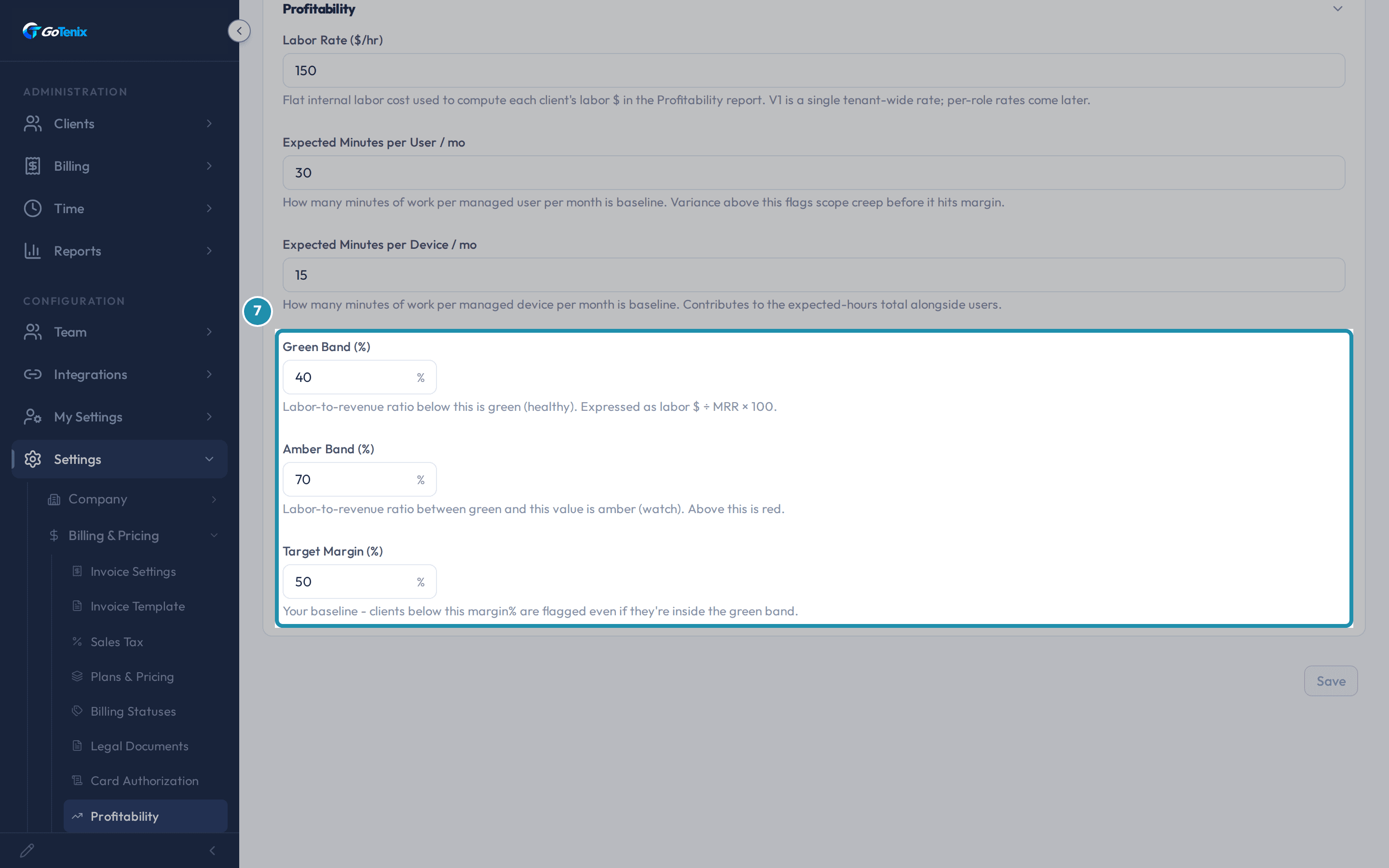 The Profitability page's Green Band (%), Amber Band (%) and Target Margin (%) fields, boxed.