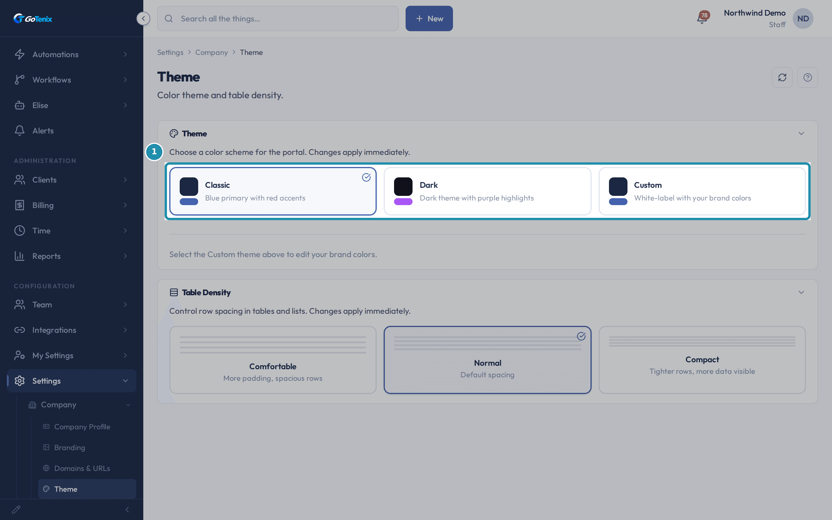 The Theme page with the Theme card's three presets, Classic, Dark and Custom, boxed together and Classic selected, above the Table Density card.