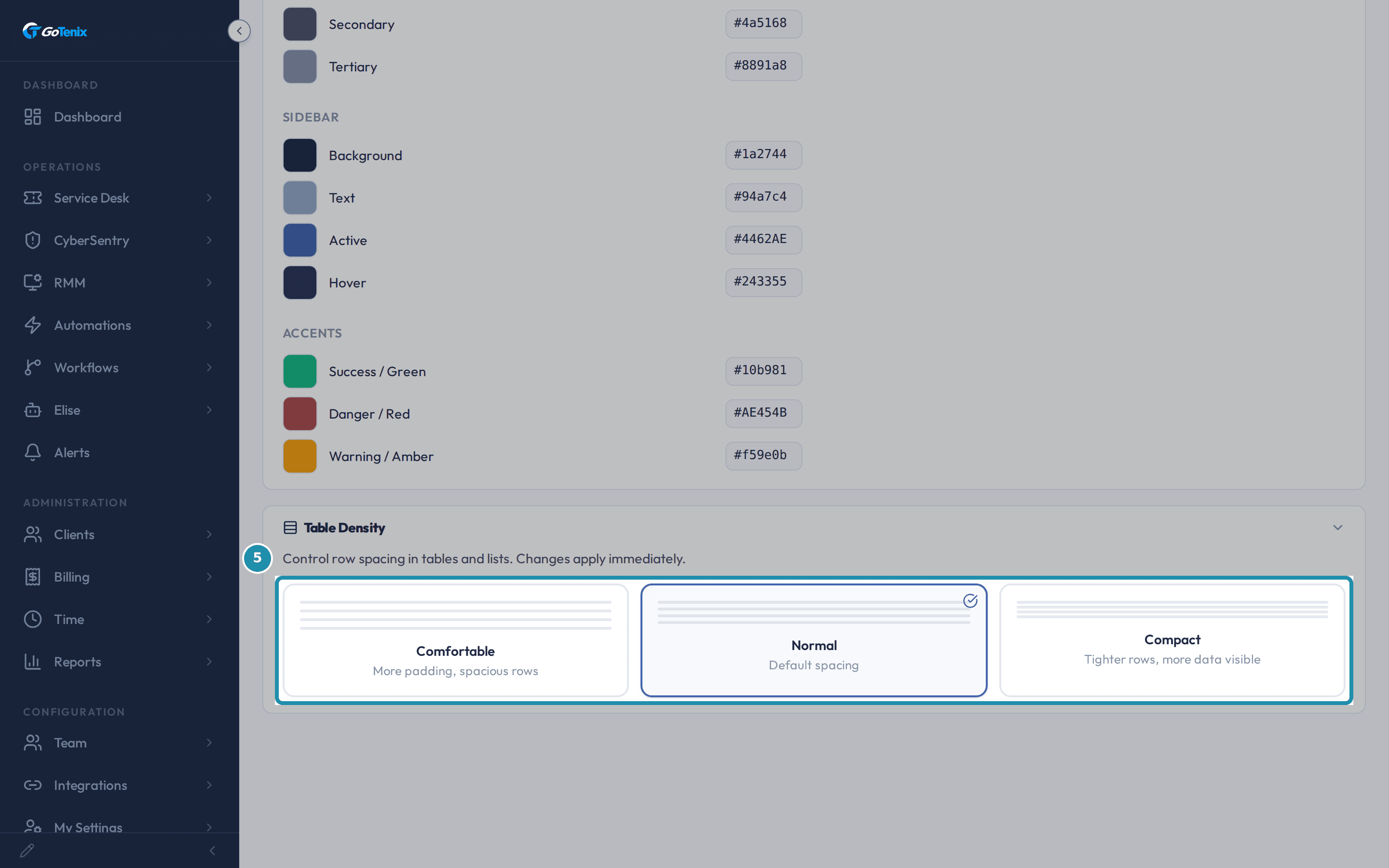 The Table Density card with its three options, Comfortable, Normal and Compact, boxed together and Normal selected, below the end of the Custom Theme Editor's color fields.