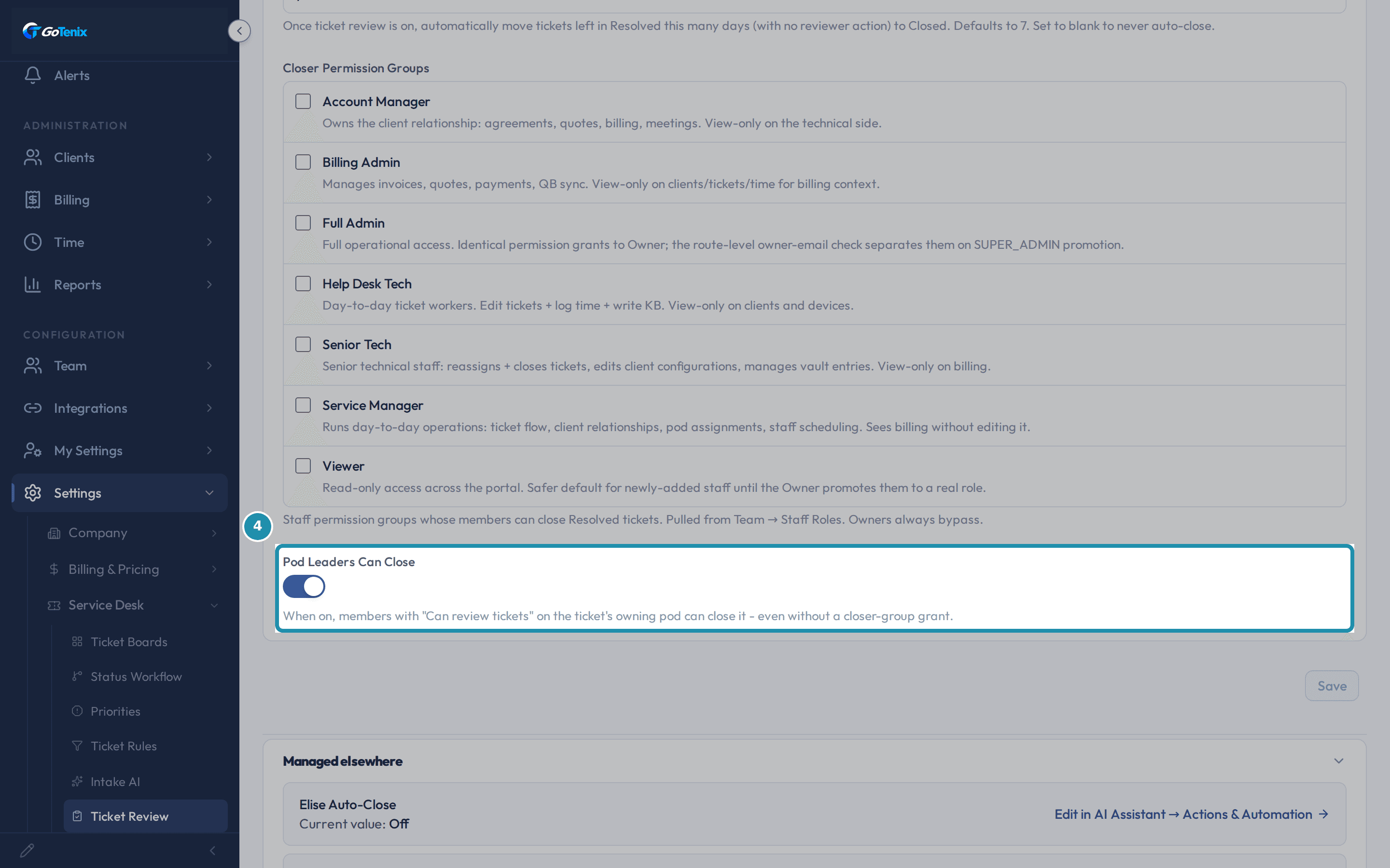 The Pod Leaders Can Close toggle set to on, with its description text below.