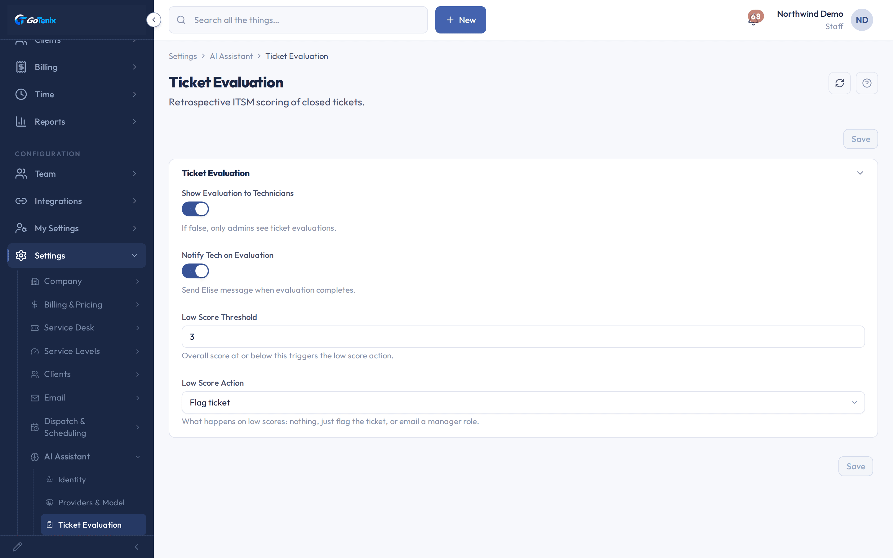 The Ticket Evaluation settings page with Show Evaluation to Technicians and Notify Tech on Evaluation turned on, a Low Score Threshold of 3, and Low Score Action set to Flag ticket.