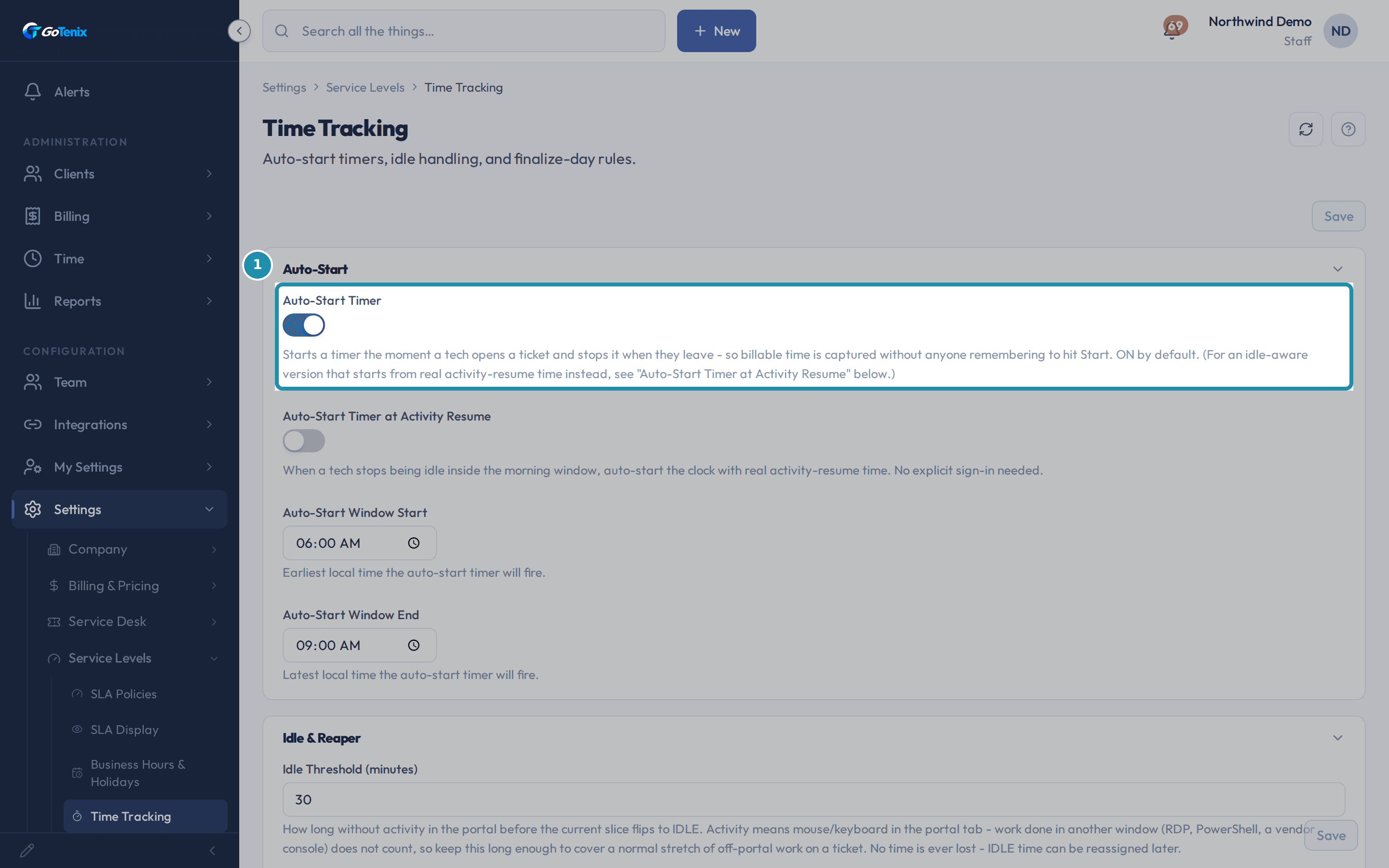 The Time Tracking page's Auto-Start card: Auto-Start Timer on, Auto-Start Timer at Activity Resume off, and the 6:00 AM to 9:00 AM auto-start window.