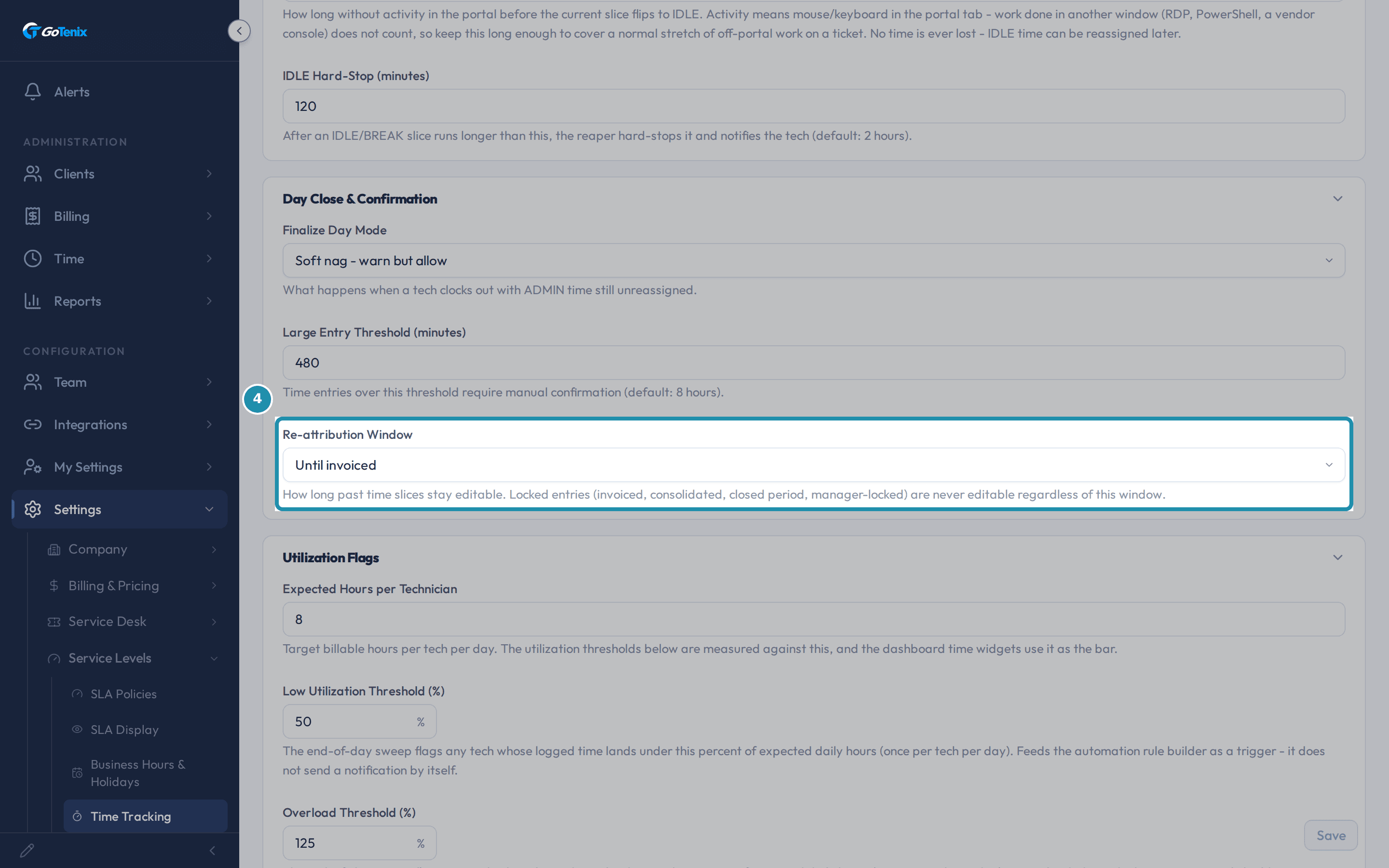 Re-attribution Window set to Until invoiced, with its five choices listed in the field's own description.