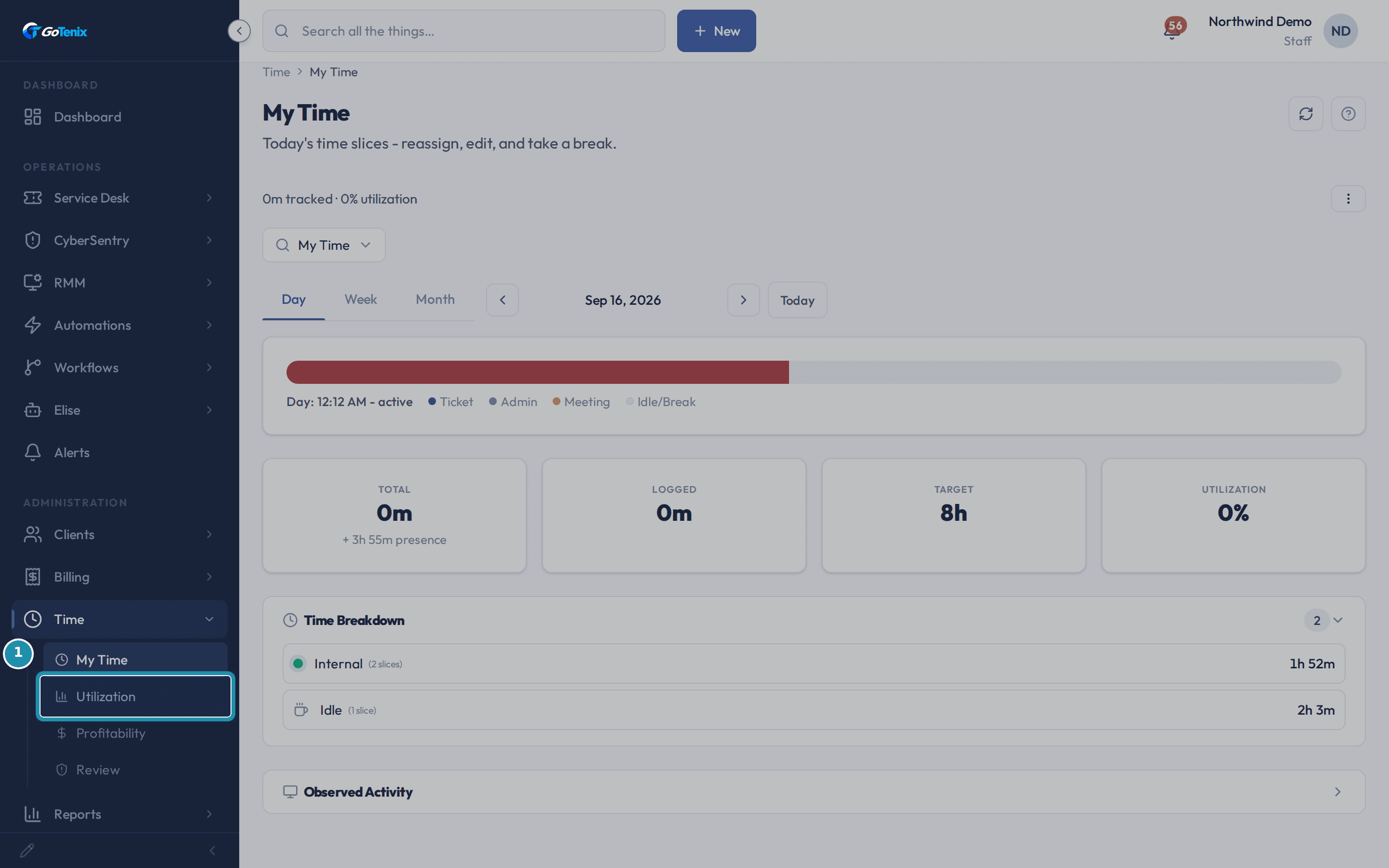 The Time section of the sidebar open, with Utilization boxed below My Time.