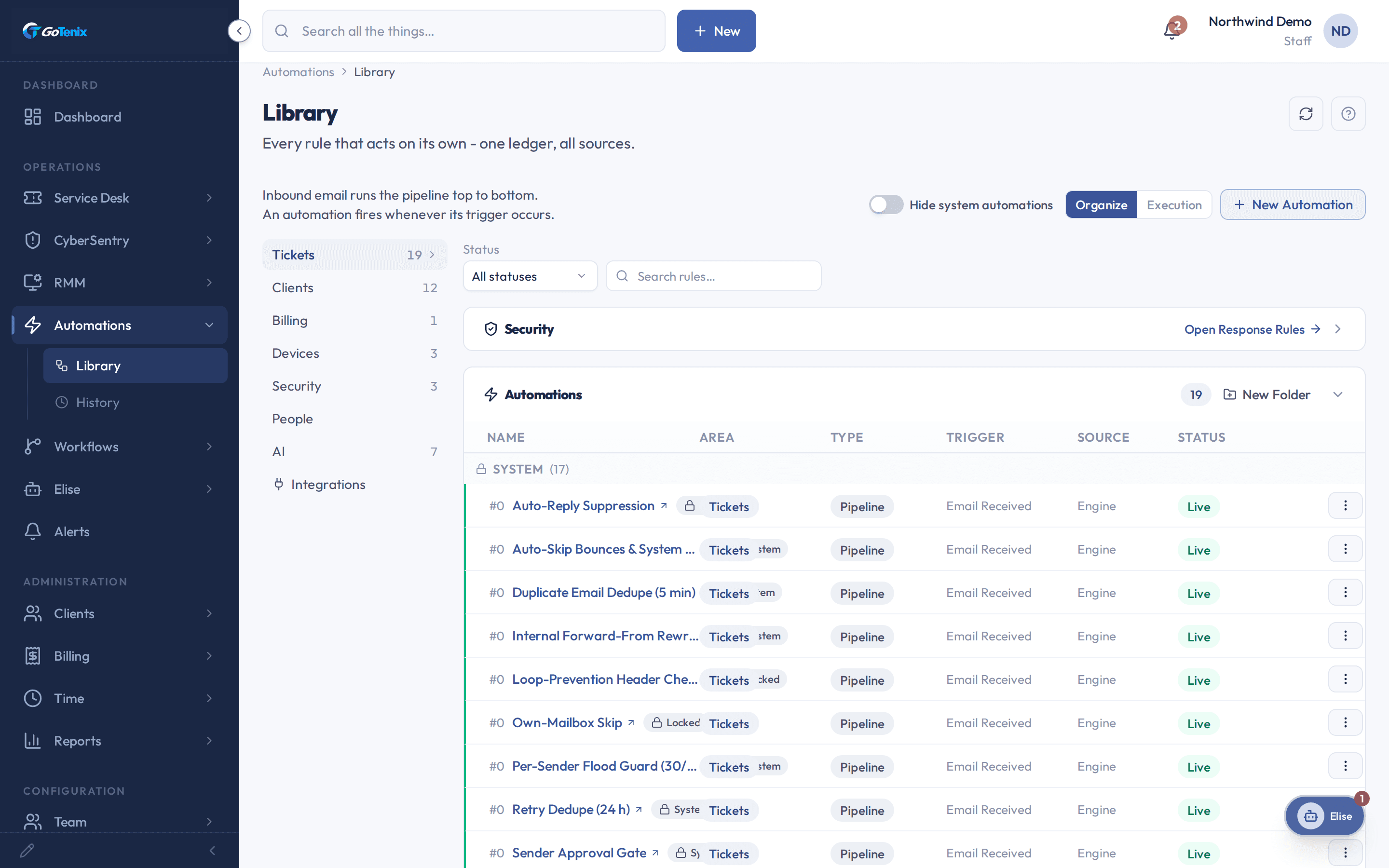 The GoTenix automations library: every self-acting rule in one ledger with trigger, source, and live status