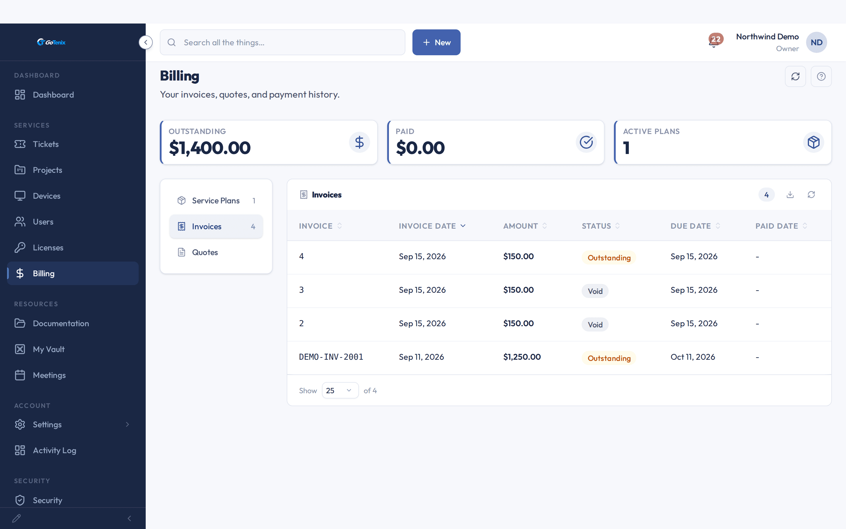 Billing in the GoTenix client portal: the client's own invoices with amounts, status and due dates
