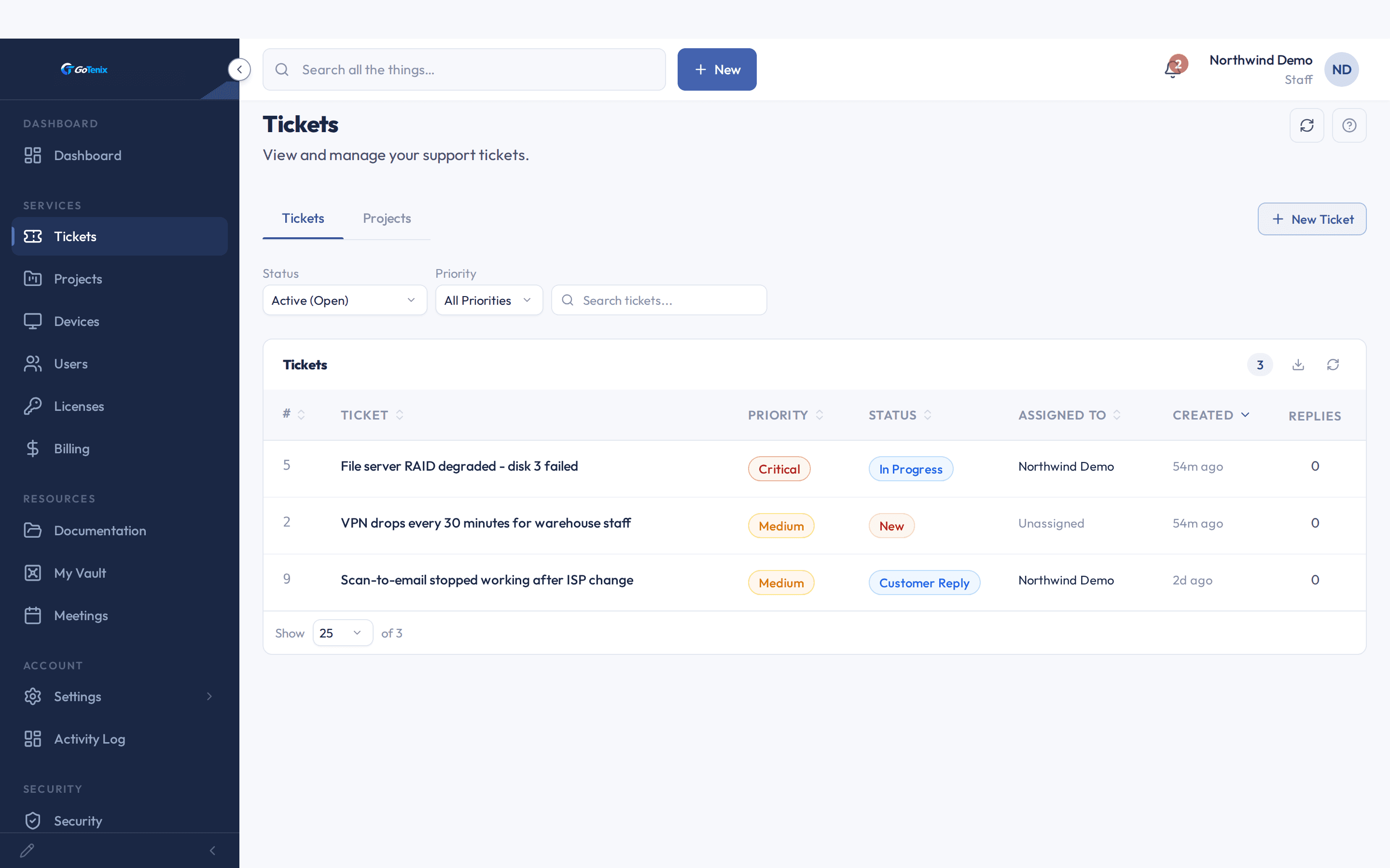 The GoTenix client portal: a client's own tickets, with projects, documents, My Vault, devices, billing, and security training in the navigation