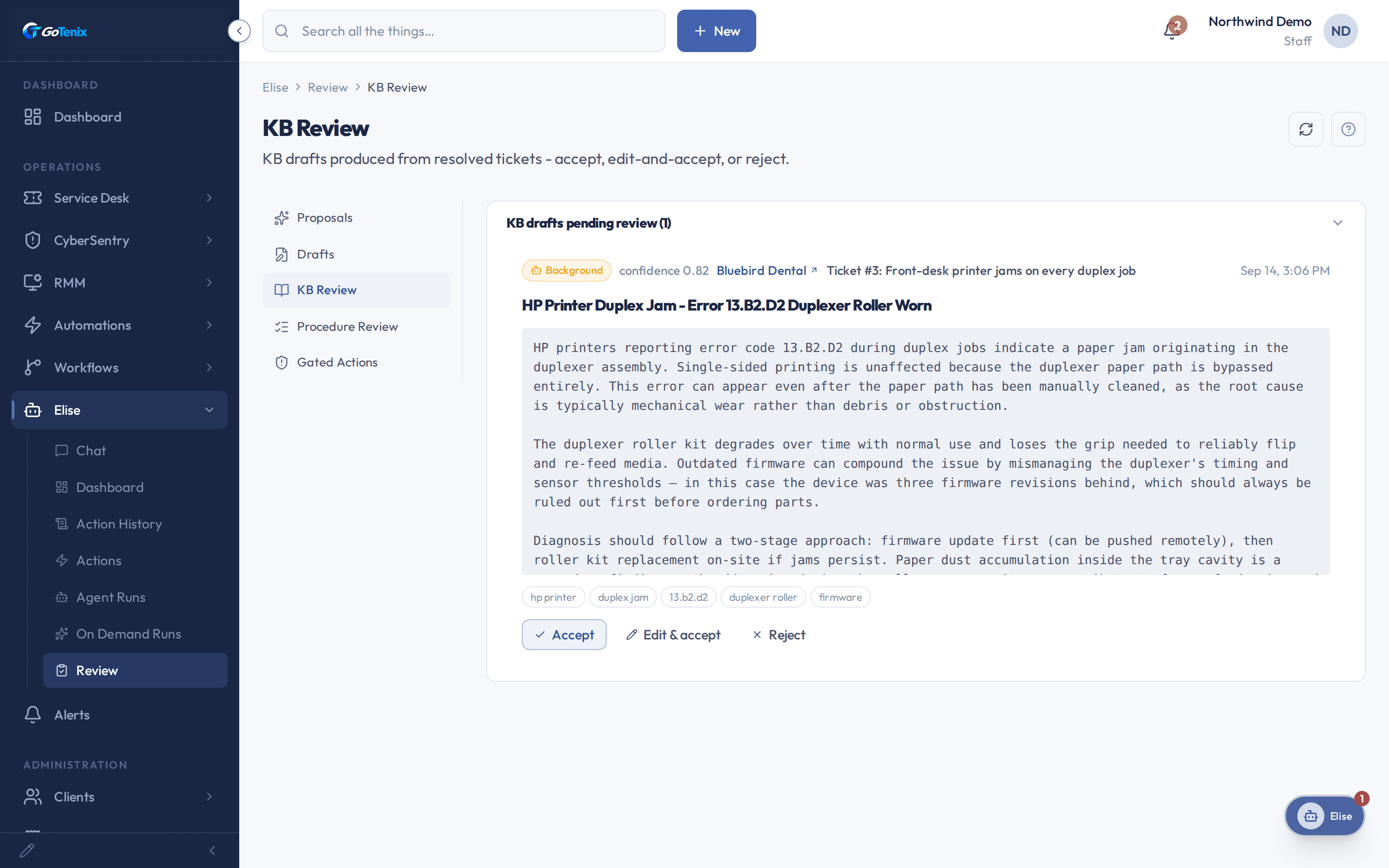A drafted knowledge-base article waiting for approval in GoTenix