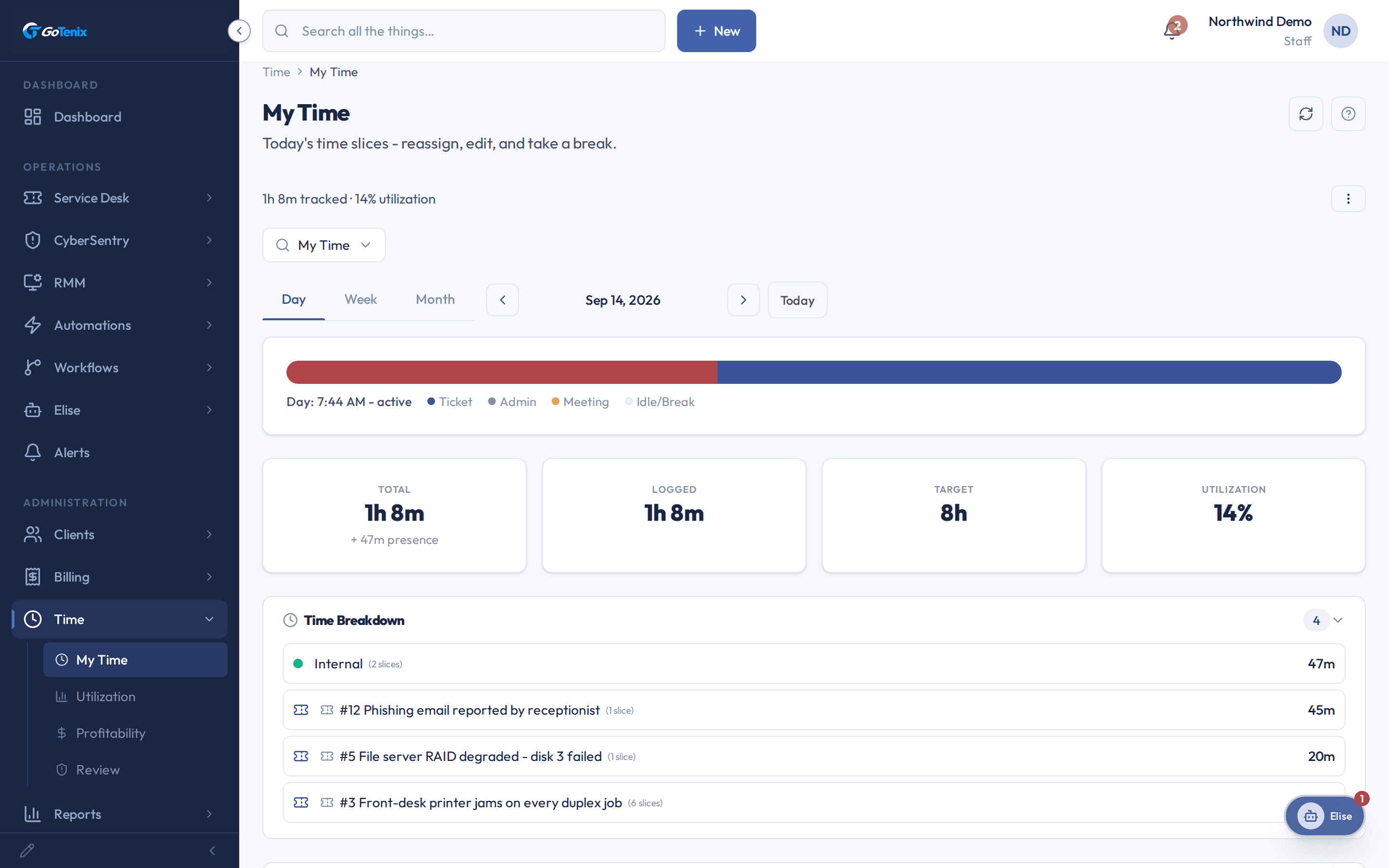 My Time in GoTenix: 5h 21m tracked automatically across tickets, day timeline, utilization