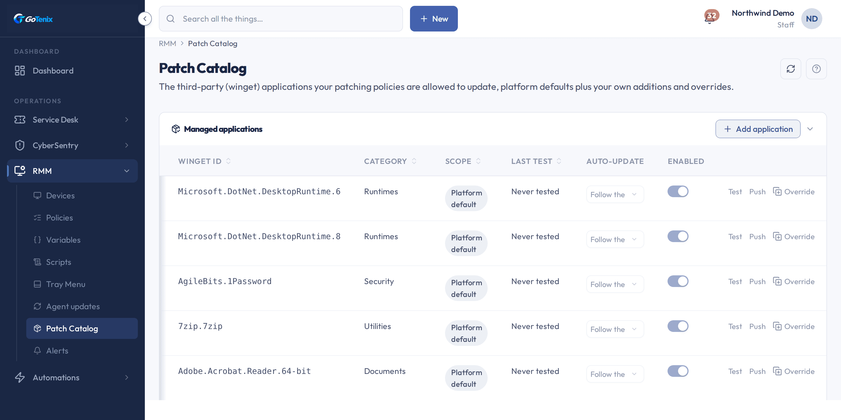 The GoTenix patch catalog: third-party applications the agent is allowed to update, each with its winget id, category, scope and enabled state
