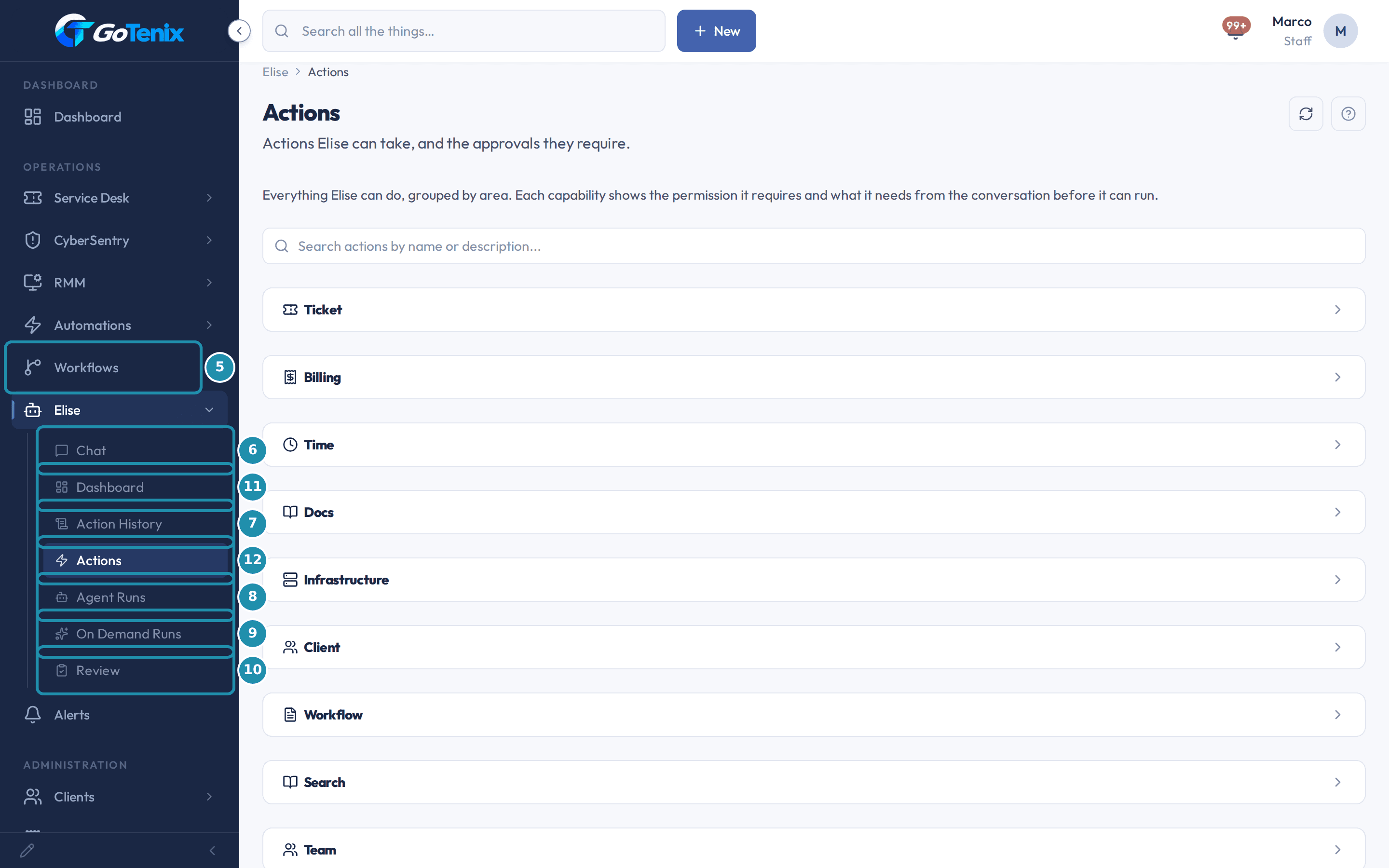 The Elise Actions page with the Elise group open in the side bar and numbered badges on Workflows and on the Chat, Action History, Agent Runs, On Demand Runs, Review, Dashboard and Actions entries under Elise.