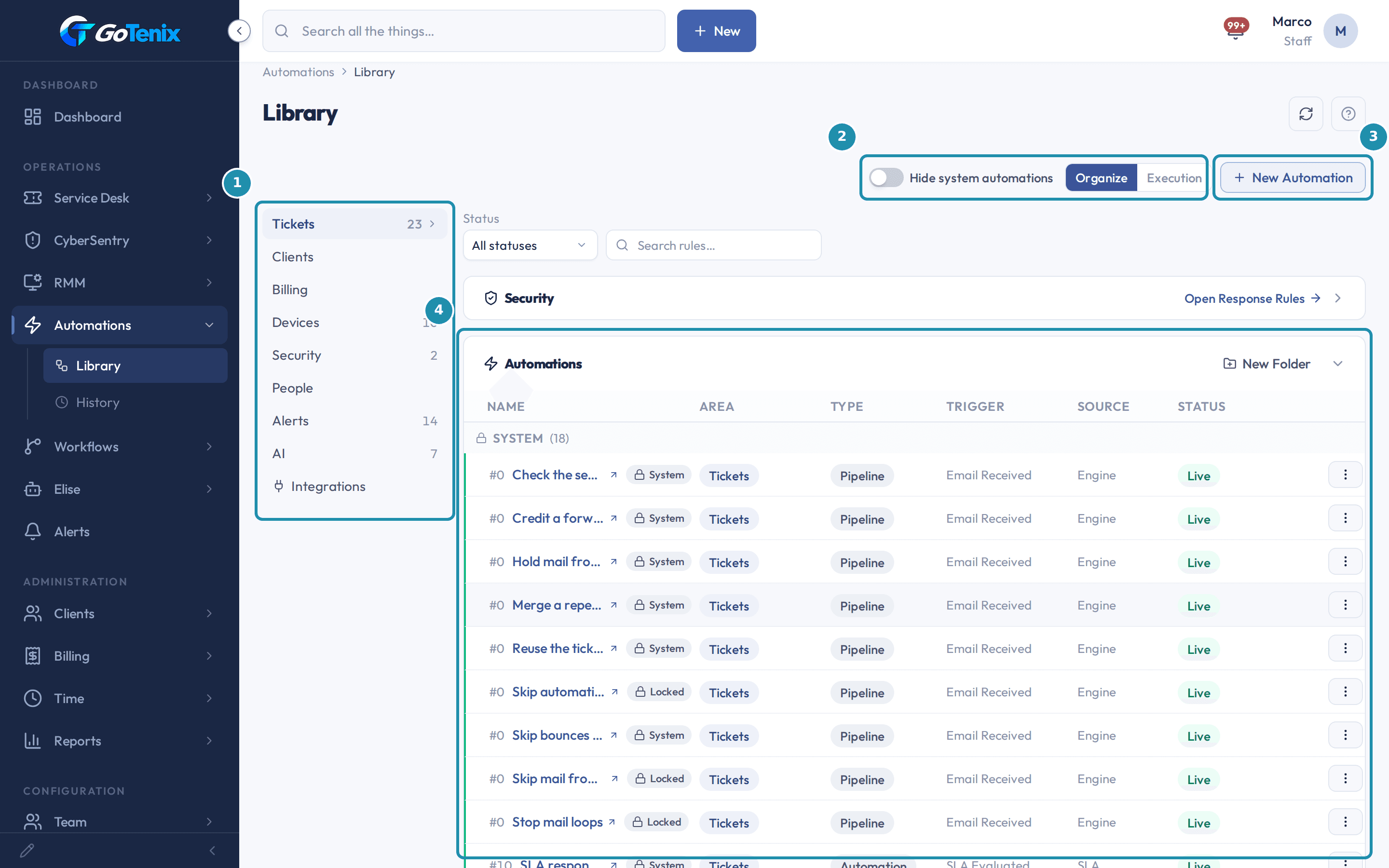 The Automations Library page with numbered badges on the Area list on the left, the Hide system automations switch with Organize and Execution beside it, the New Automation button and the table of rules with their Area, Type, Trigger, Source and Status.