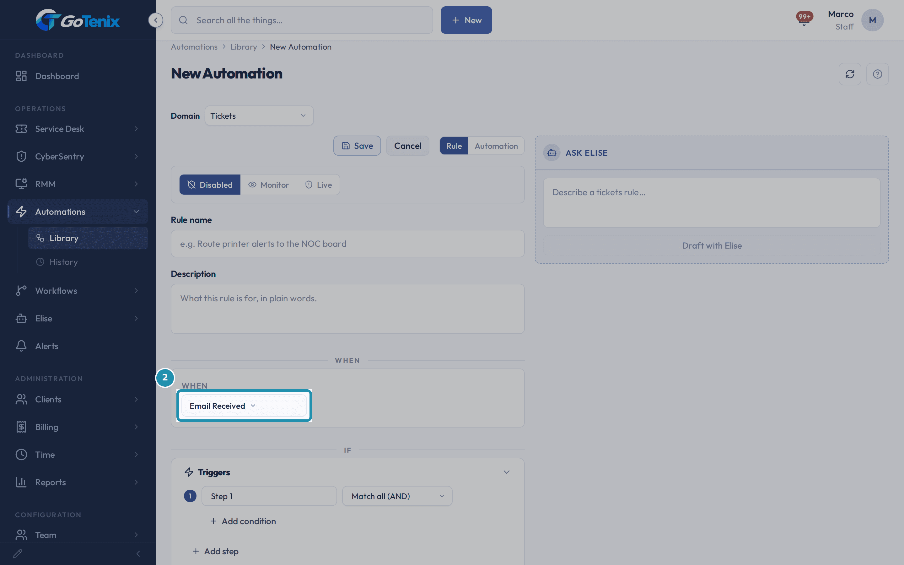 The New Automation page with the When field, set to Email Received, boxed under the Domain choice of Tickets.