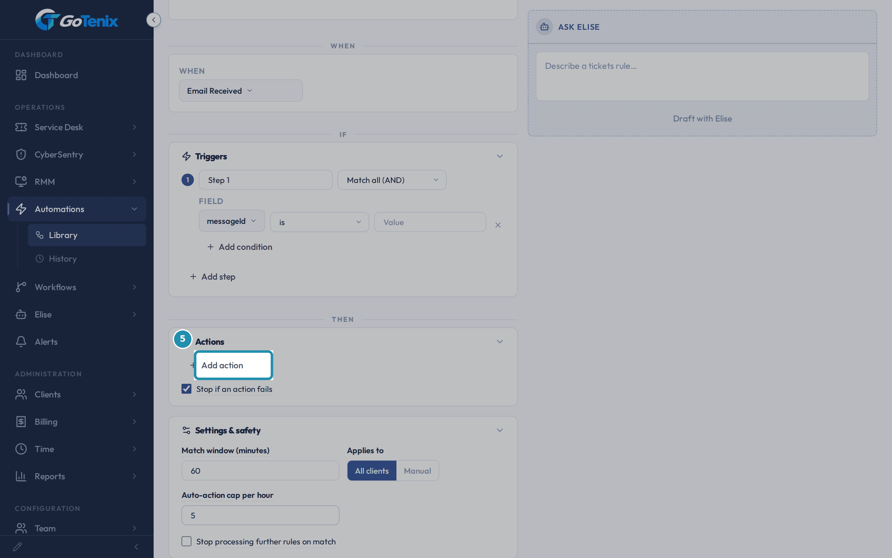 The Actions card on the New Automation page with the Add action button boxed.