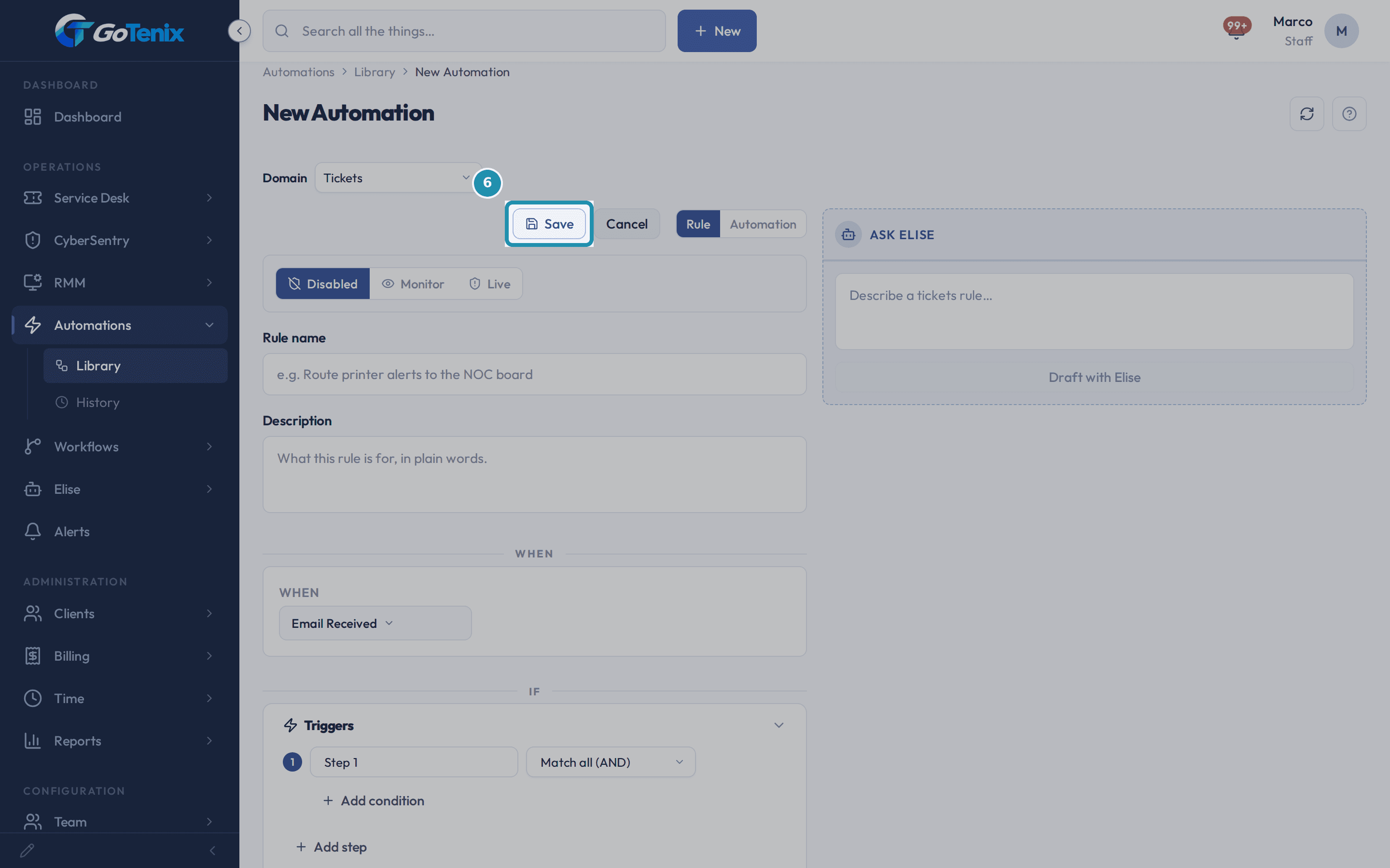 The New Automation page with the Save button boxed at the top of the form, next to Cancel.