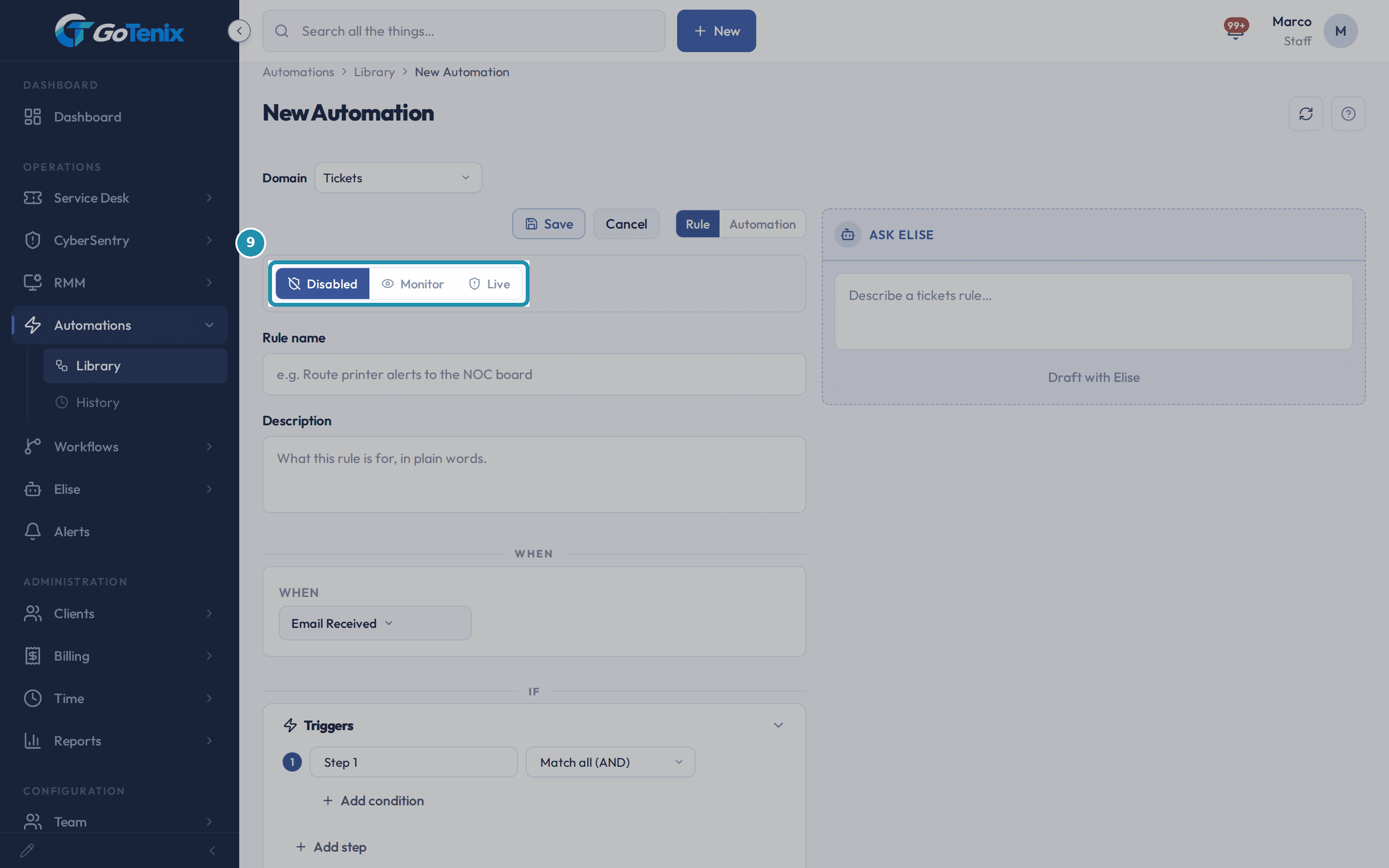 The New Automation page with the Disabled, Monitor and Live switch boxed; a new rule starts on Disabled.