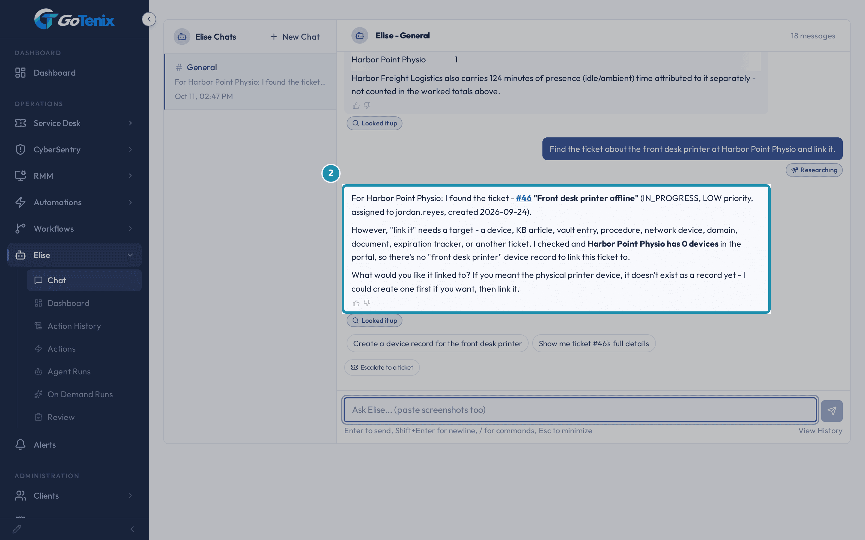 Elise answering a plain-words request to find the front desk printer ticket at Harbor Point Physio: she names ticket #46, Front desk printer offline, with its status, priority and assignee, and asks what it should be linked to.