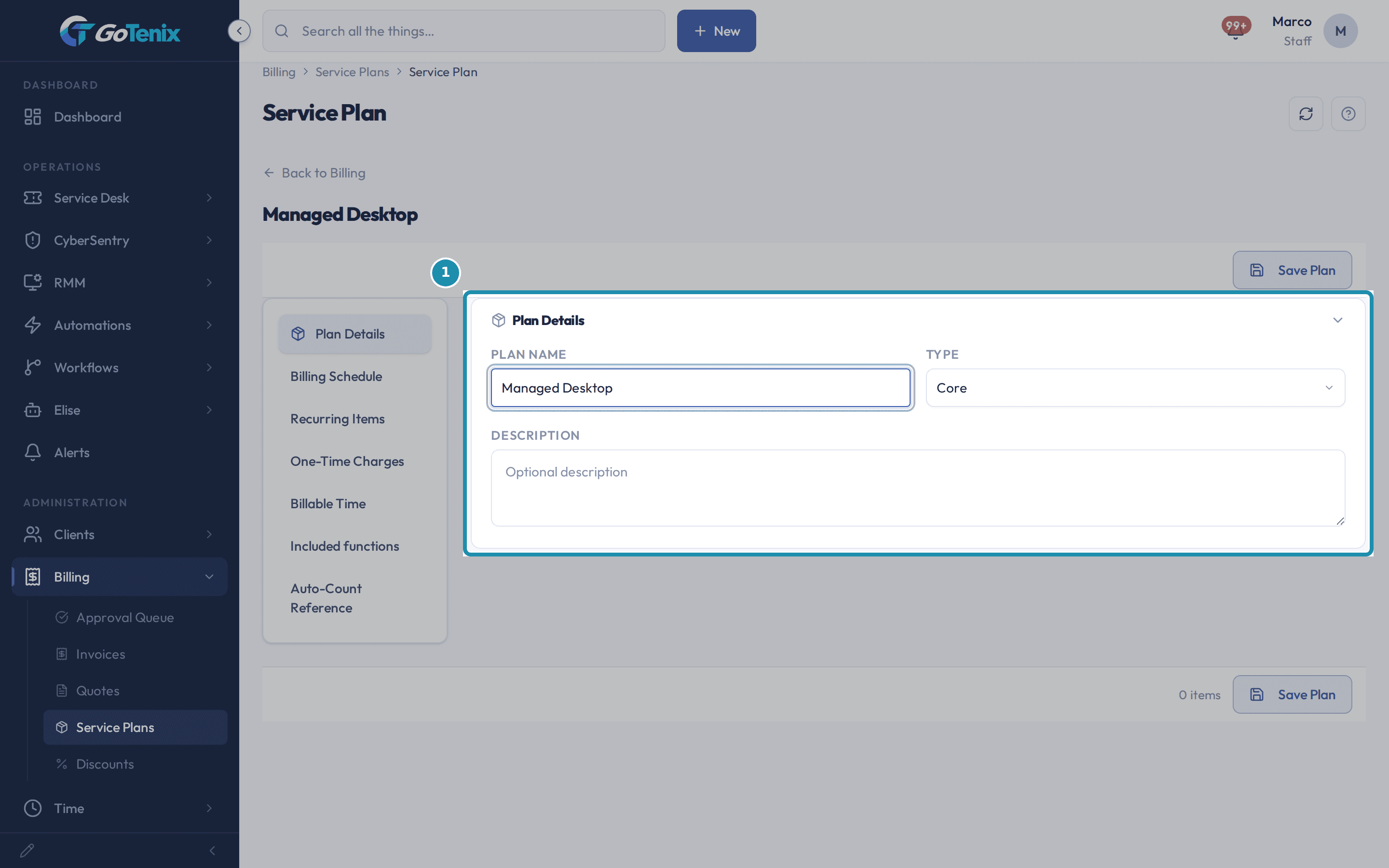 The New Plan page with Plan Details boxed: Managed Desktop typed in Plan Name and Core chosen as the Type, with the section list down the left side bar.