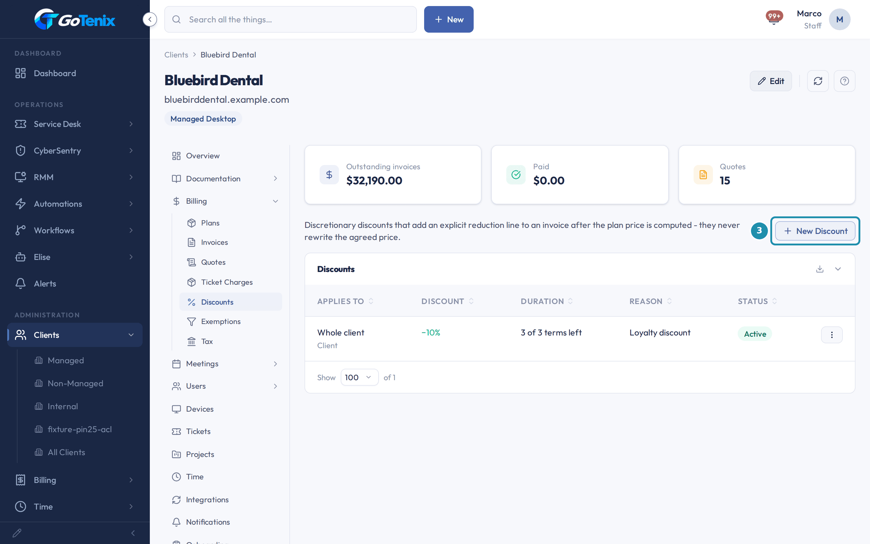 A client's own Discounts page under Billing with the New Discount button boxed beside the list of that client's discounts.