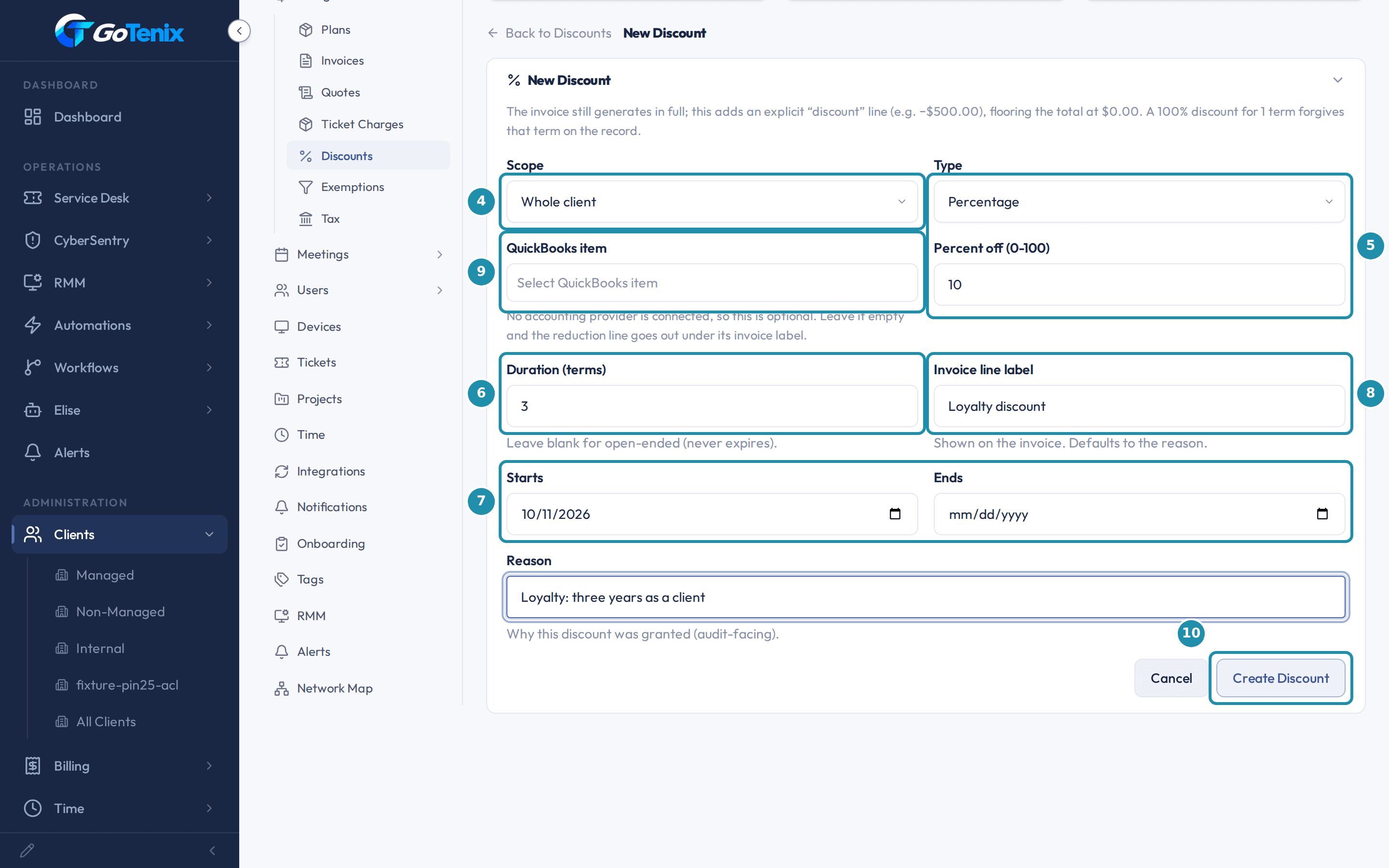 The New Discount form with numbered badges on Scope, Type with the percent field, Duration (terms), Starts and Ends, Invoice line label, the QuickBooks item field and the Create Discount button.