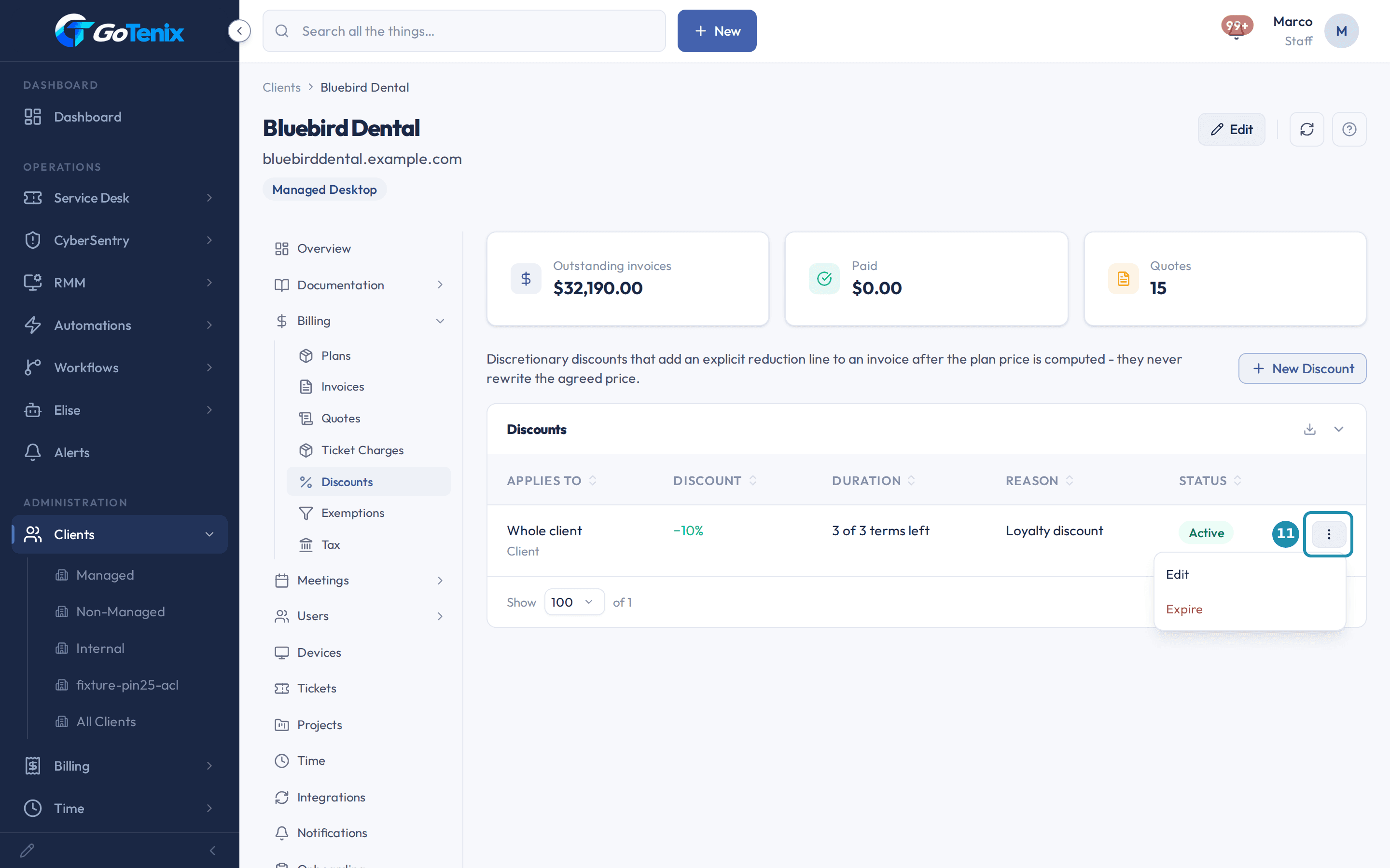 A client's Discounts list with the row menu opened and boxed, showing Edit and Expire.