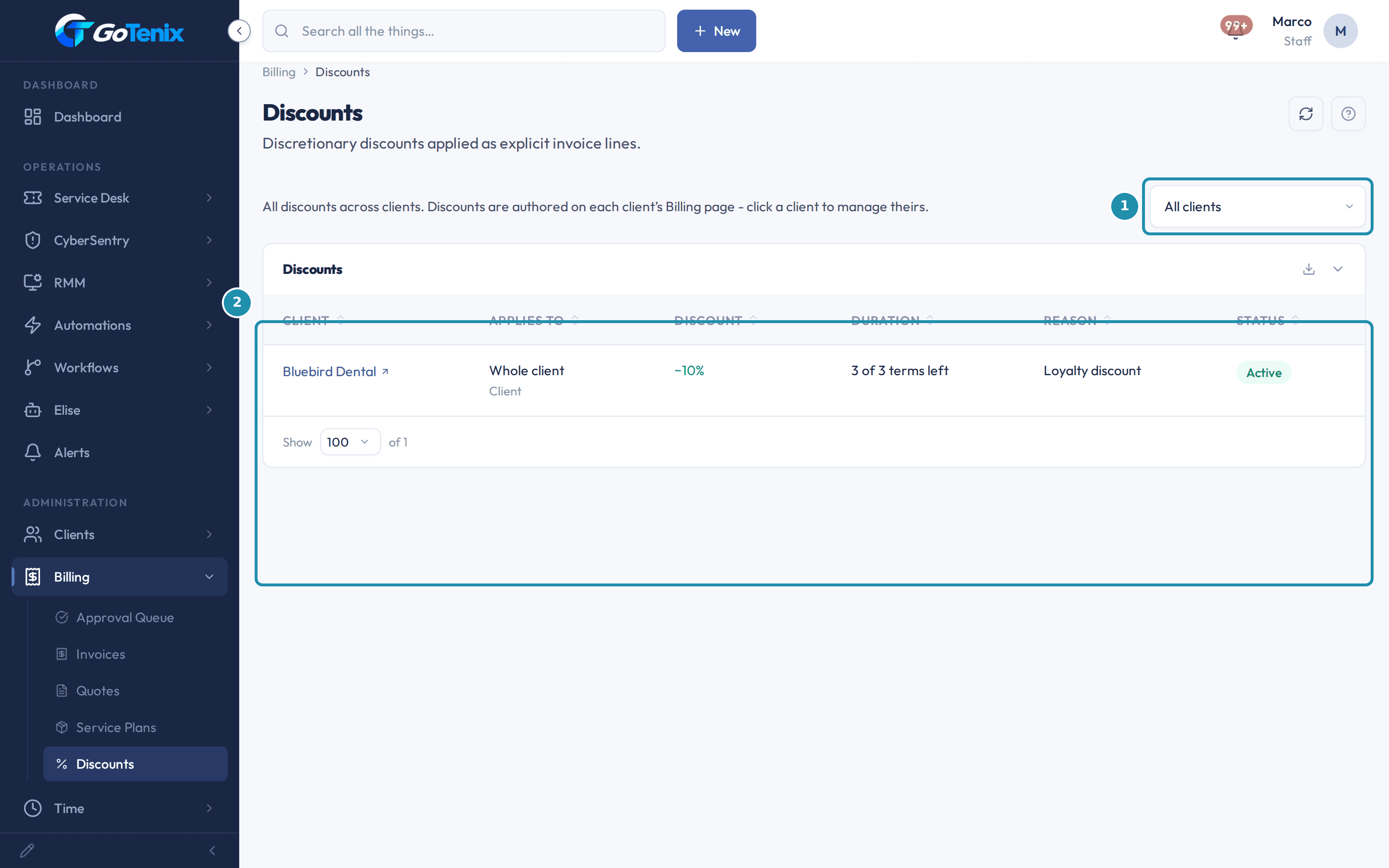 The Billing Discounts page listing every discount across clients, with numbered badges on the client picker, which reads All clients, and on the table of discount rows.