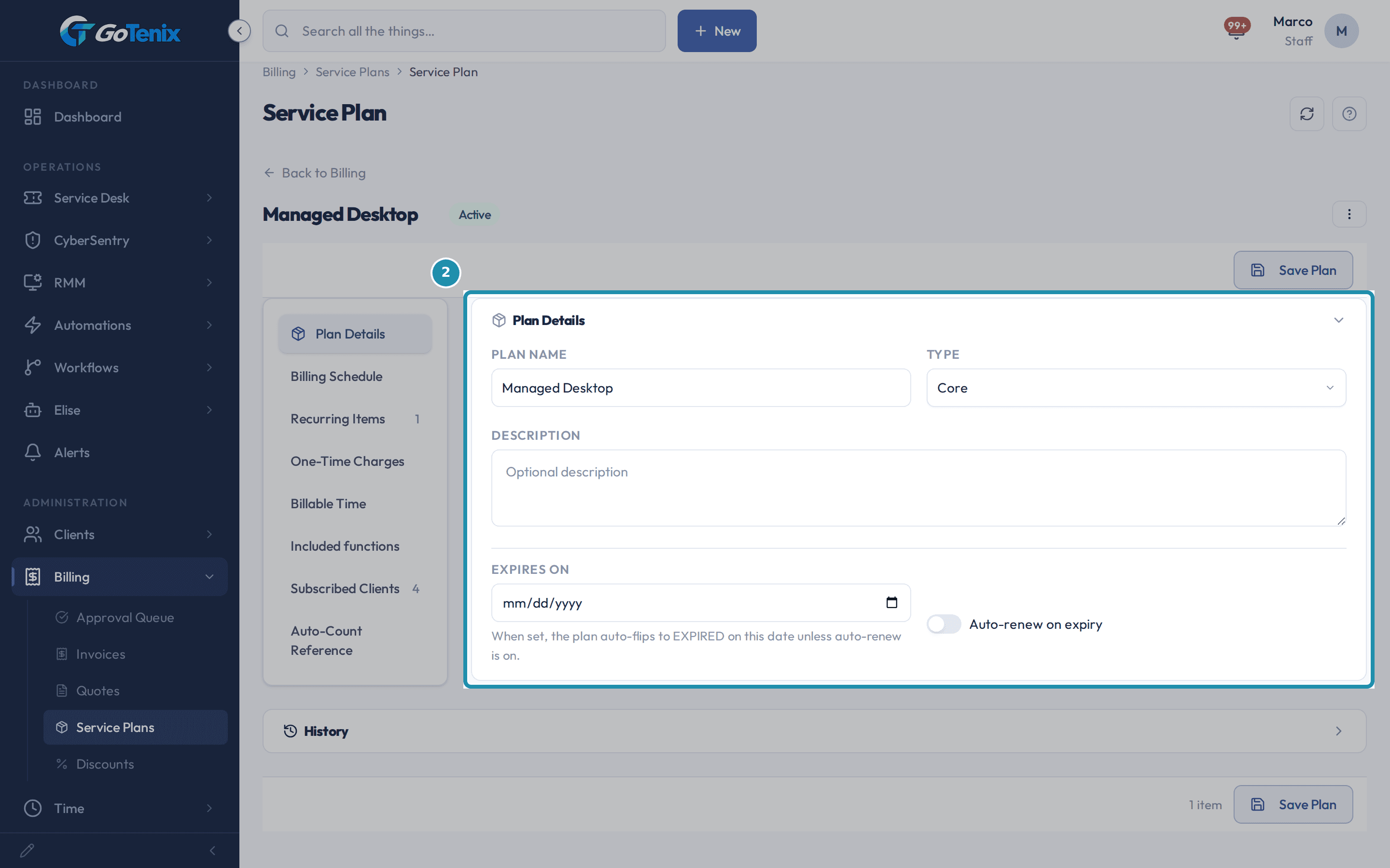A service plan page with Plan Details picked on the left side bar and its section boxed: plan name, type, description and expiry date.