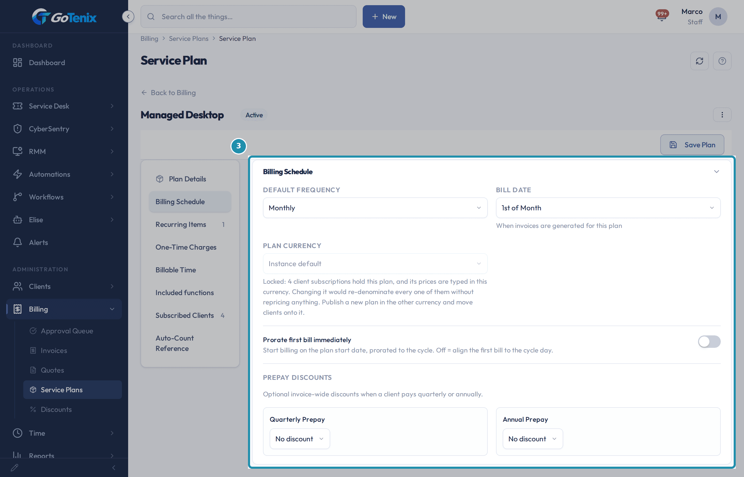 A service plan page with Billing Schedule picked on the left side bar and its section boxed: default frequency, bill date, plan currency, prorate first bill and prepay discounts.