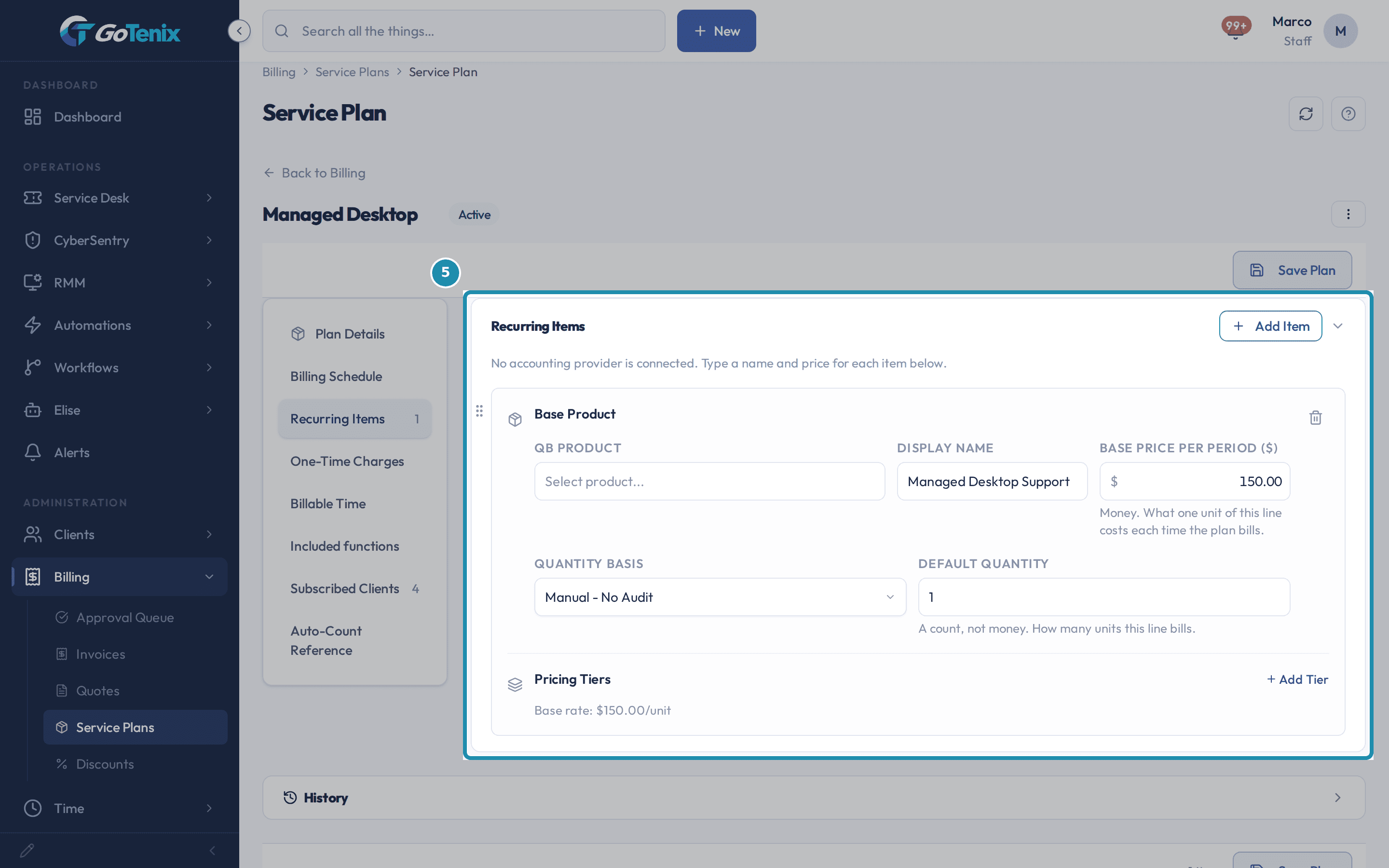 A service plan page with Recurring Items picked on the left side bar and its section boxed, showing one priced line with its Base price per period, quantity basis and default quantity, and a Pricing Tiers line under it.