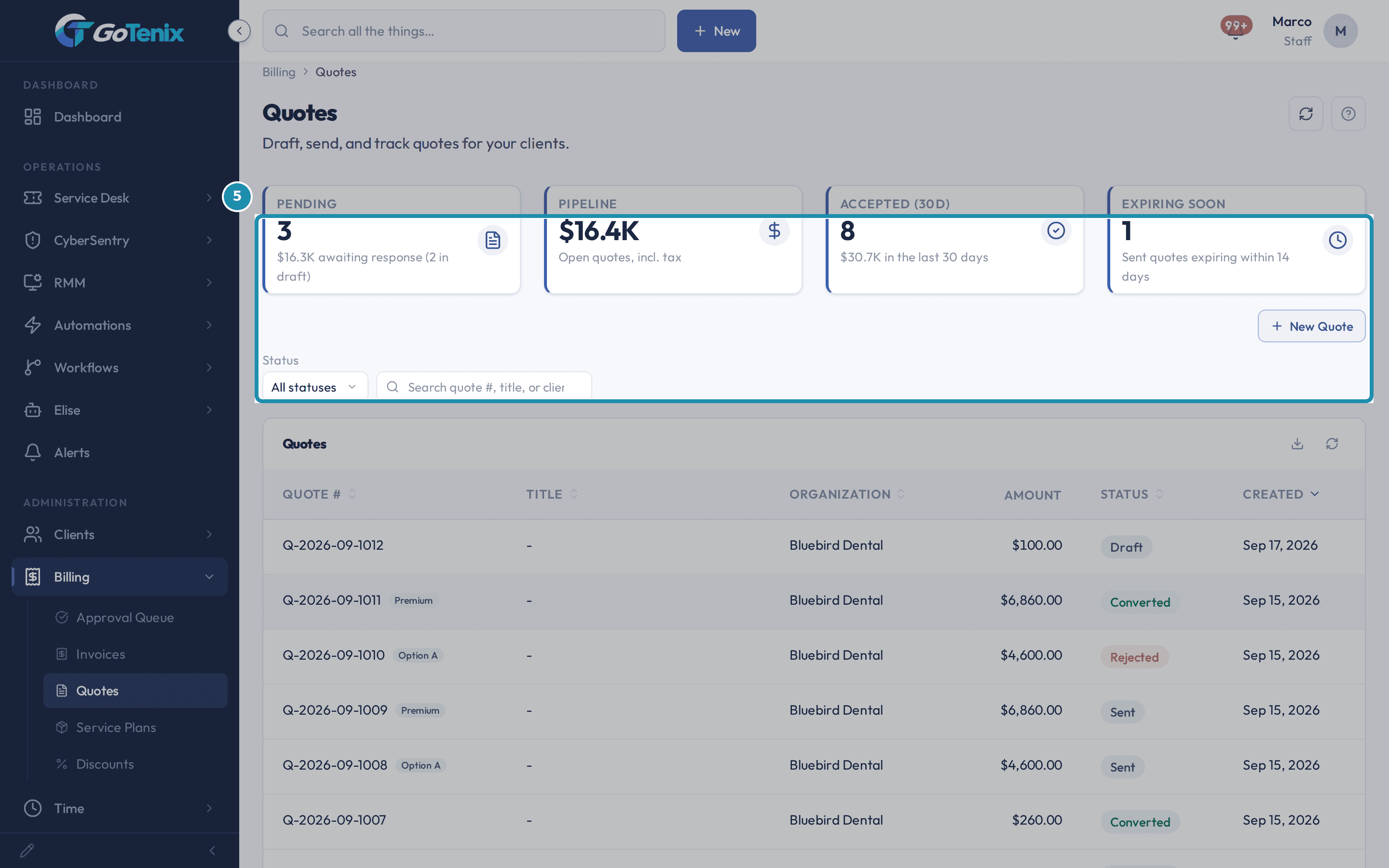 The Quotes page with the four summary cards, the Status filter and the search box boxed above the list of quotes.