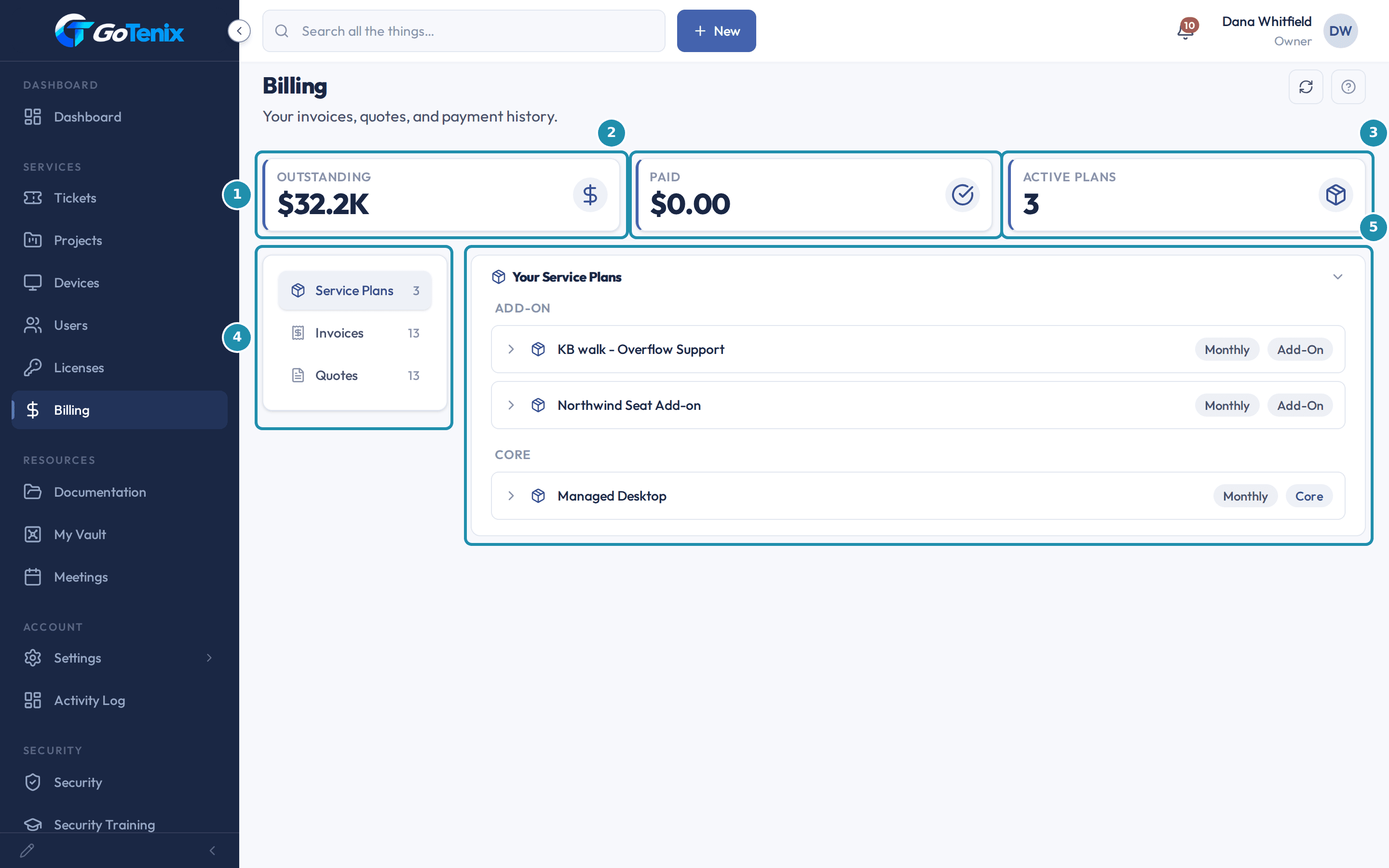 The client portal Billing page with numbered badges on the Outstanding, Paid and Active Plans tiles, the three tabs and the list of service plans.