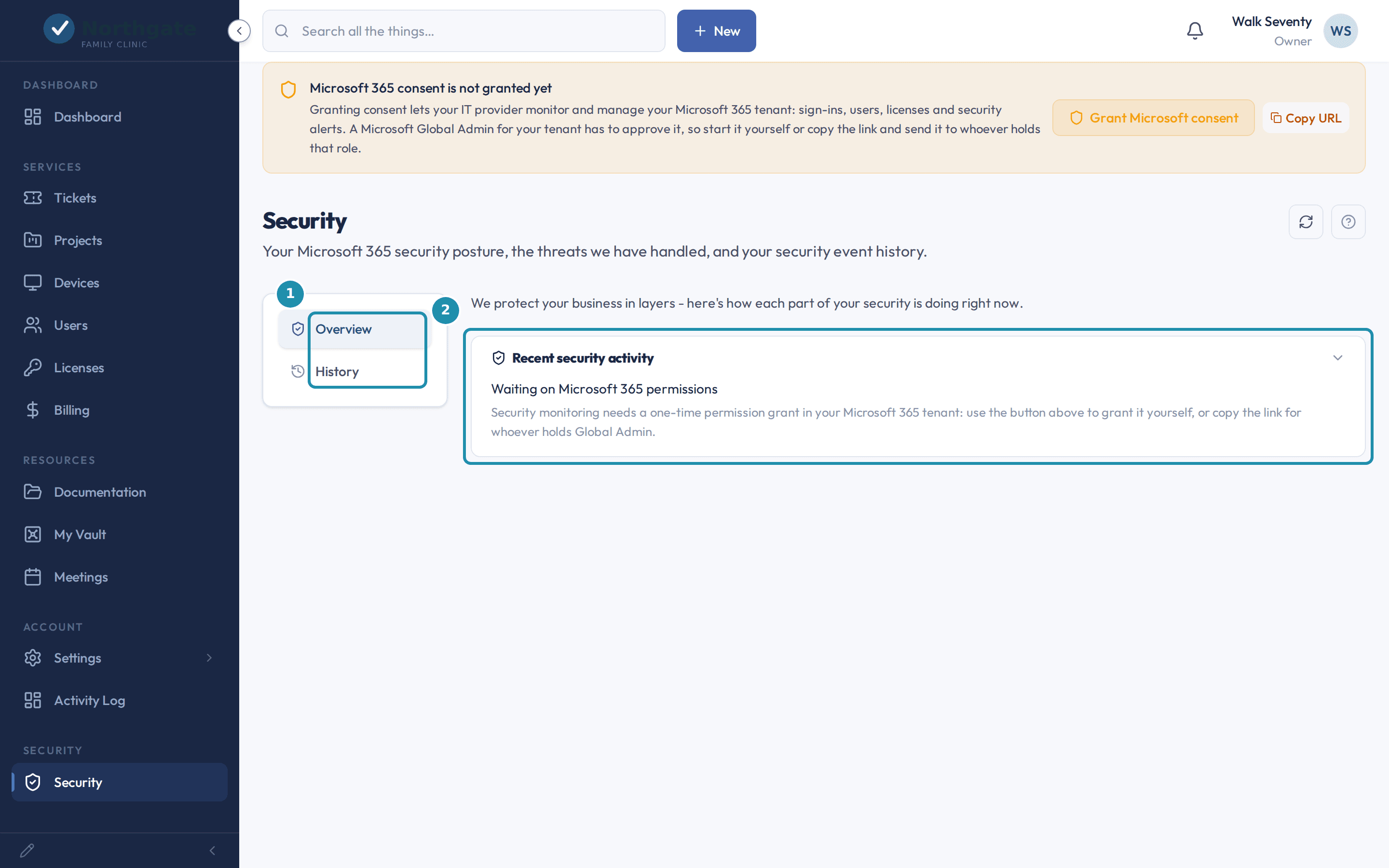 The client Security page with two regions called out: the Overview and History tabs, and the Recent security activity card, which here says it is waiting on Microsoft 365 permissions.