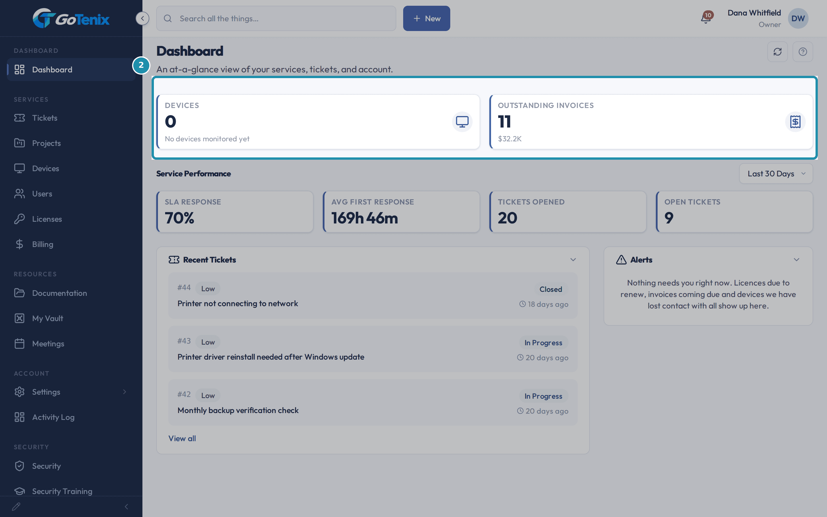 The client portal home for Dana Whitfield, Owner, with the stat tiles Devices and Outstanding invoices boxed above Service Performance and Recent Tickets.