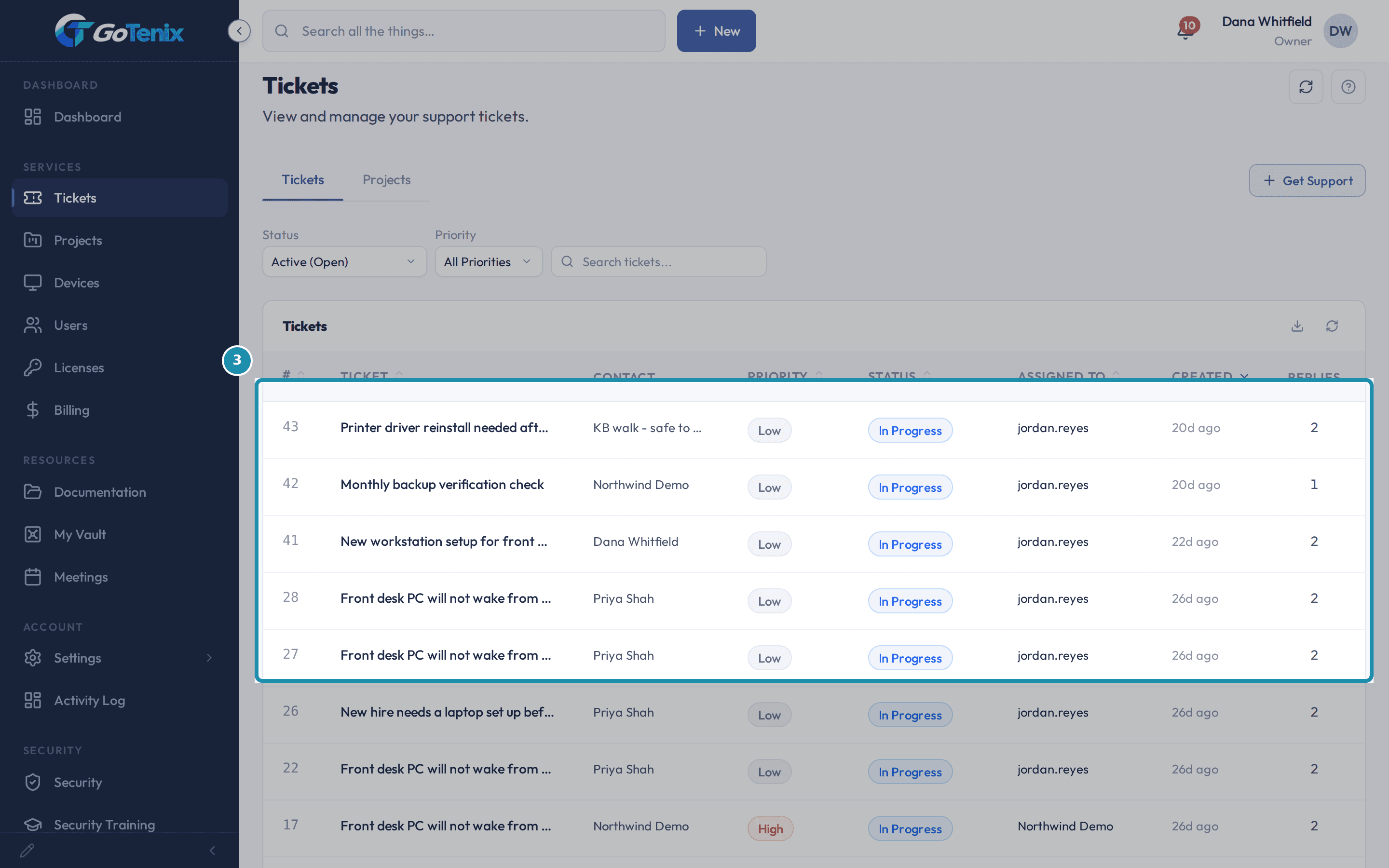 The client portal Tickets page with the list of the company's tickets boxed, showing number, subject, contact, priority, status and who has it.
