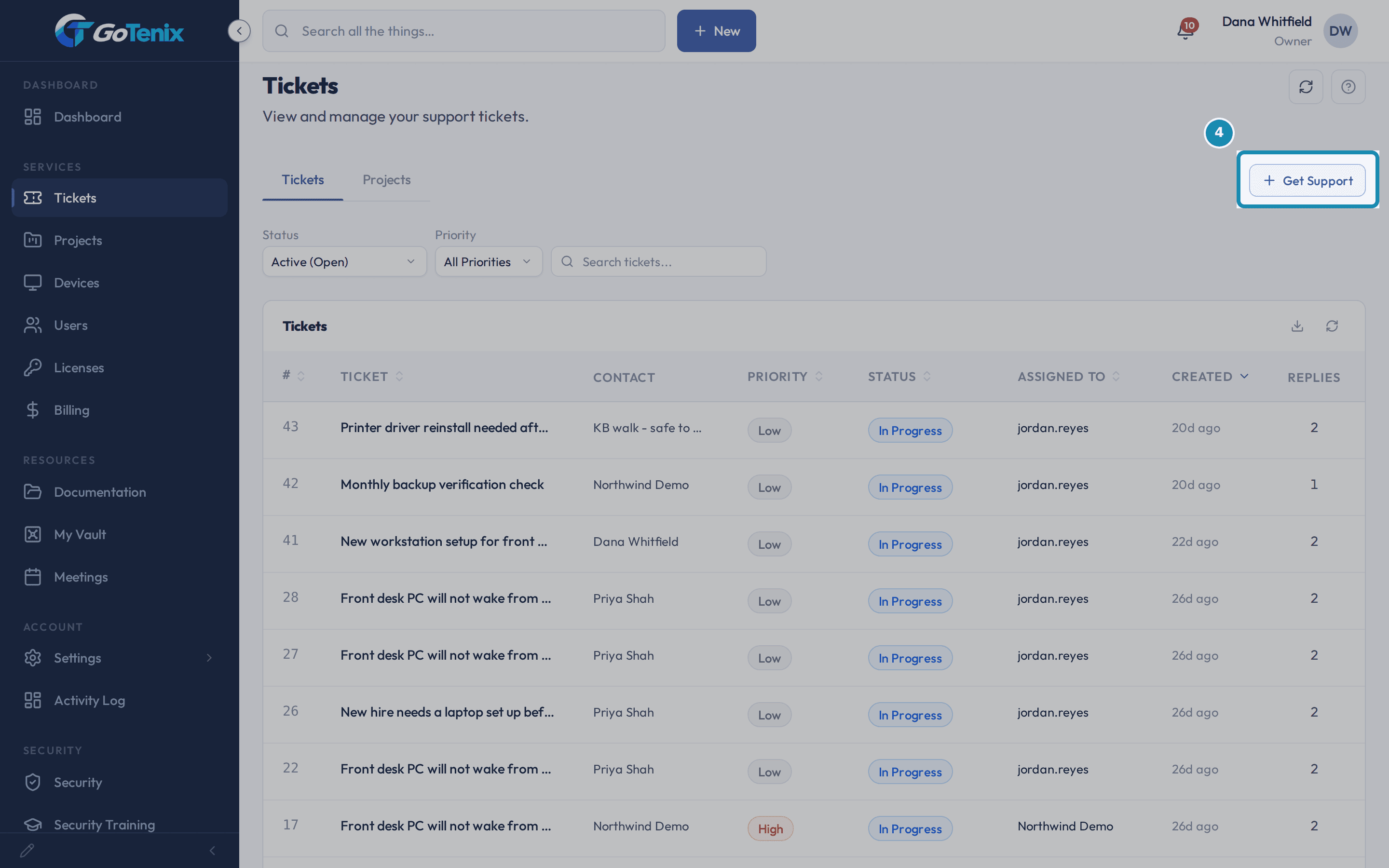 The client portal Tickets page with the Get Support button boxed at the top right.