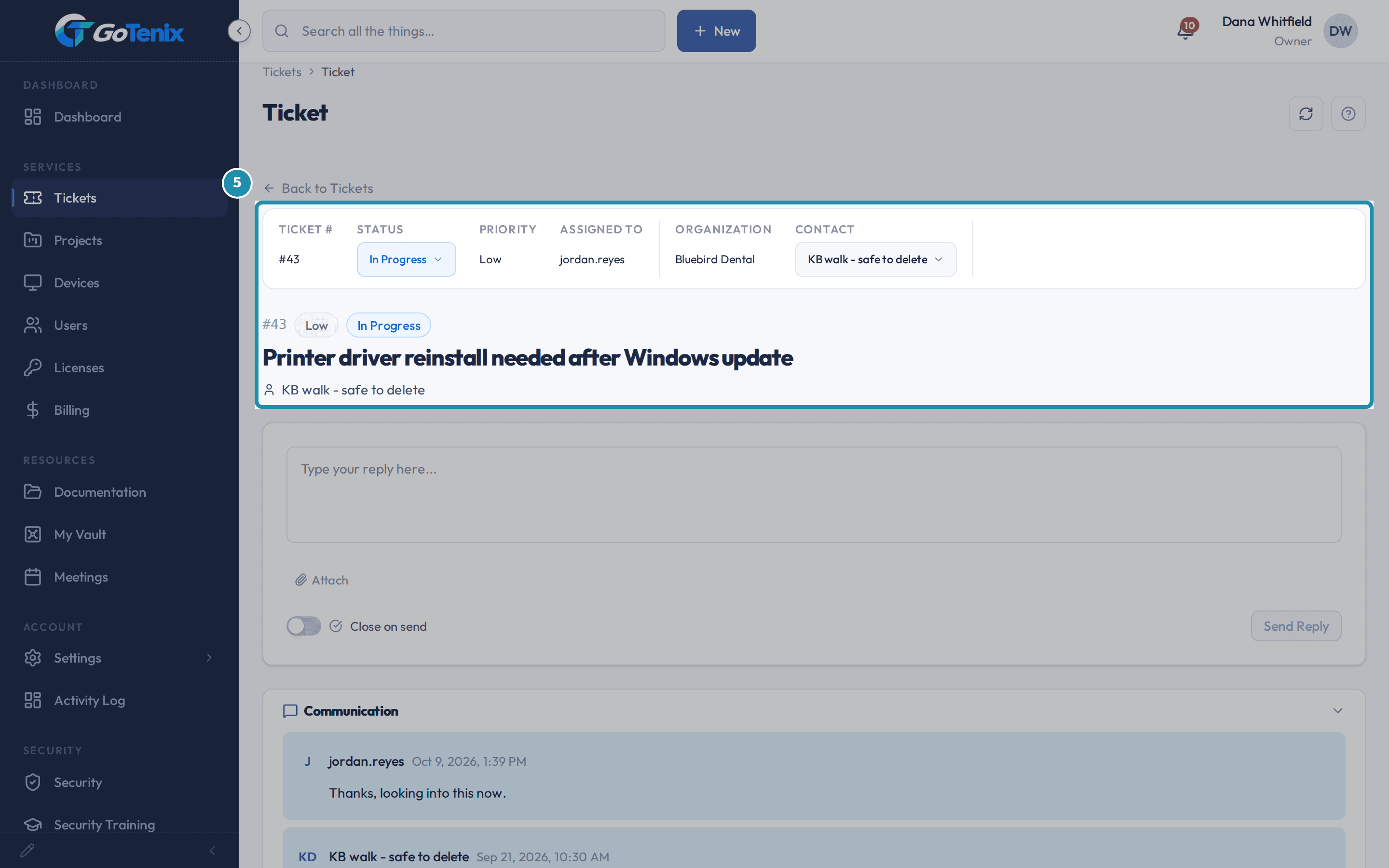 A ticket in the client portal with its state strip and subject boxed: ticket number, status, priority, assignee, organization and contact.