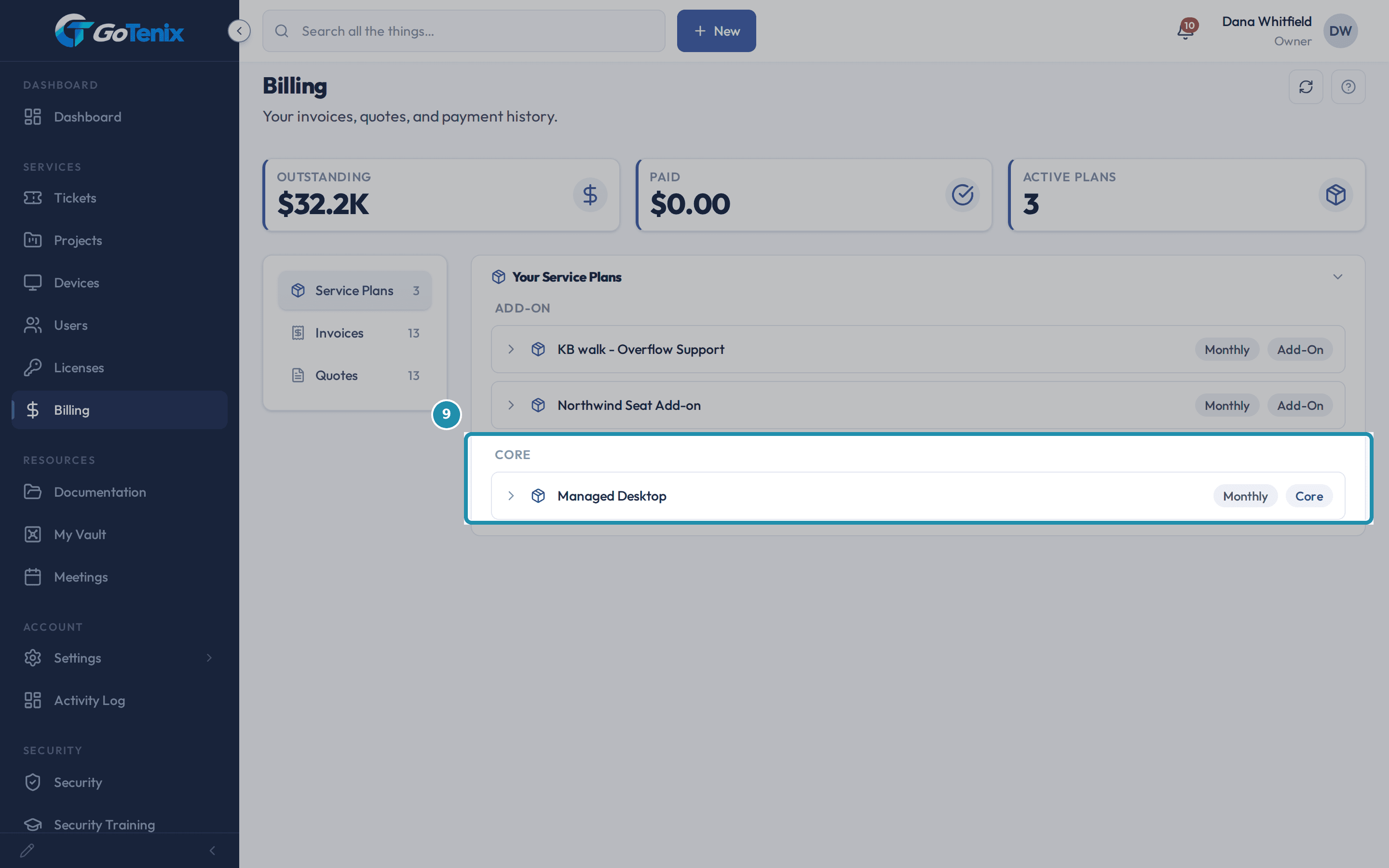 The client portal Billing page, Service Plans tab, with the Core plan, Managed Desktop, boxed.
