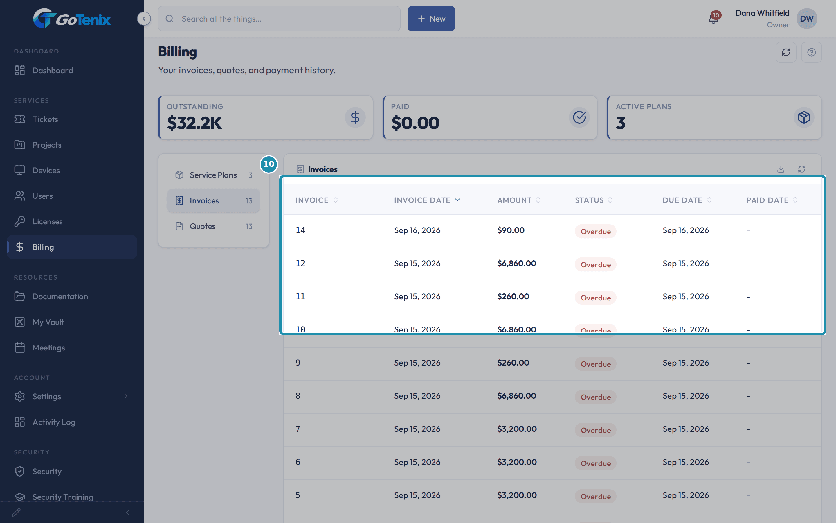 The client portal Billing page, Invoices tab, with the invoice list boxed: invoice number, date, amount, status, due and paid dates.