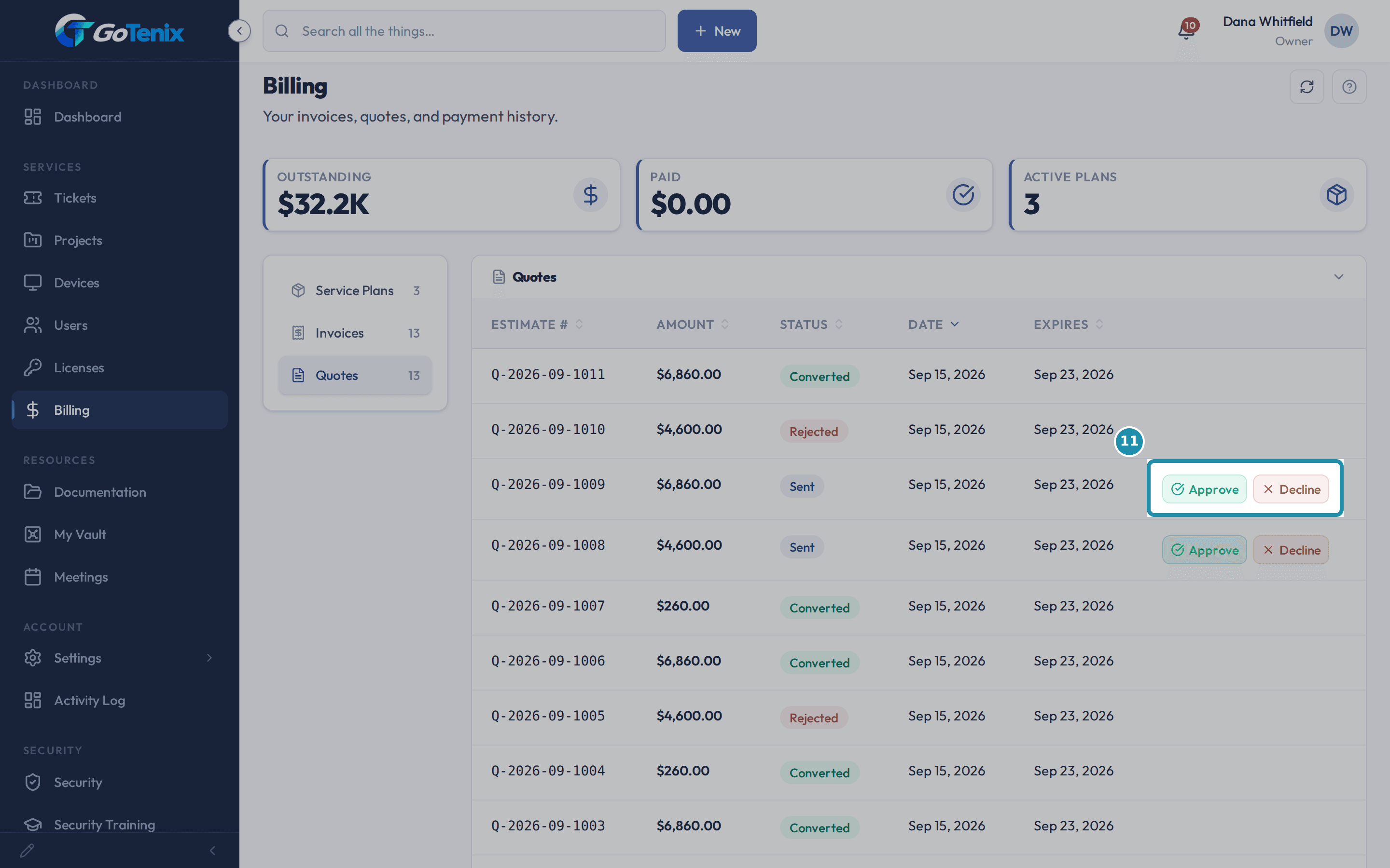 The client portal Billing page, Quotes tab, with the Approve and Decline buttons boxed on a quote that was sent.