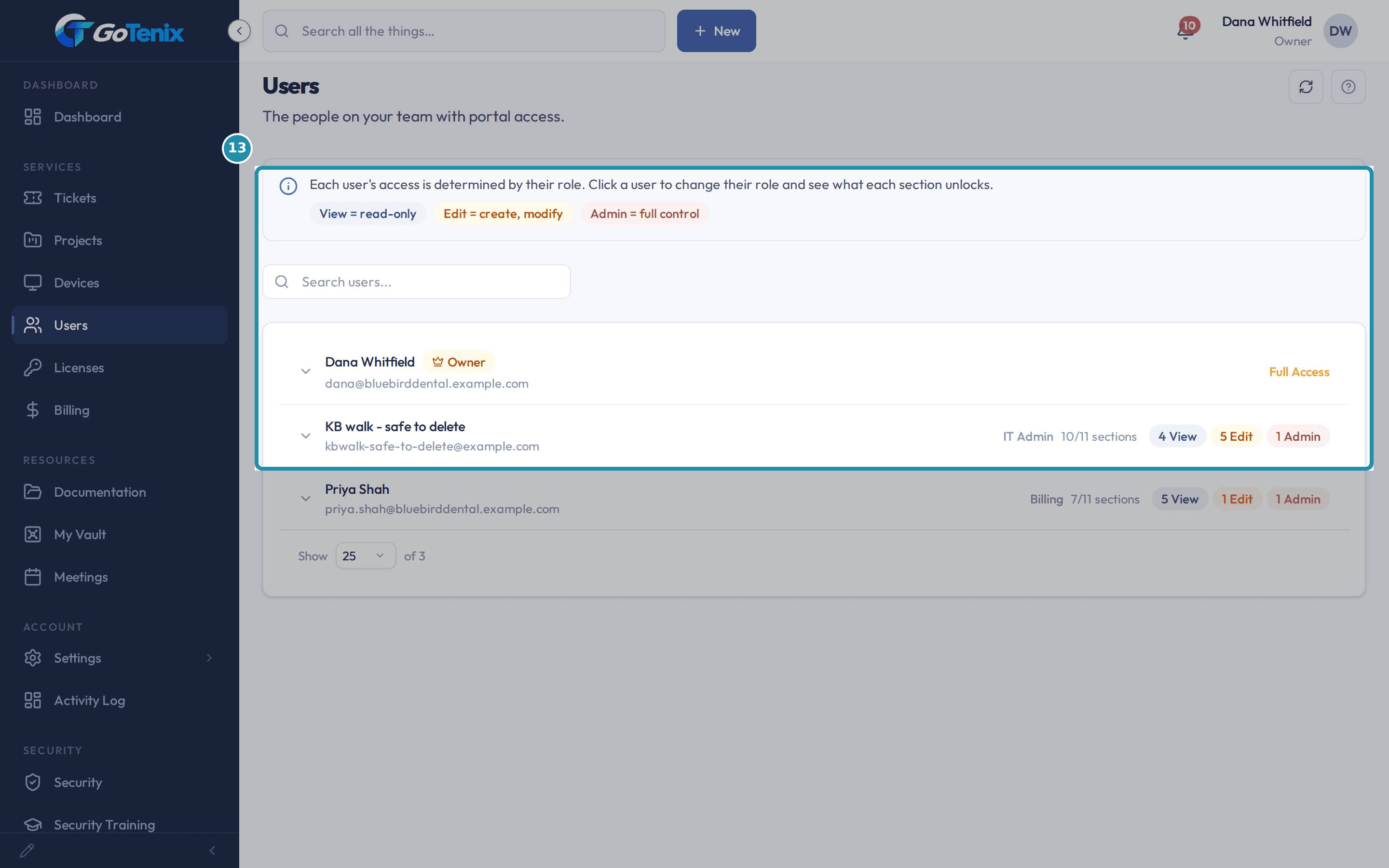 The client portal Users page with the access explanation and the first two users boxed, each with their role and what it can see.