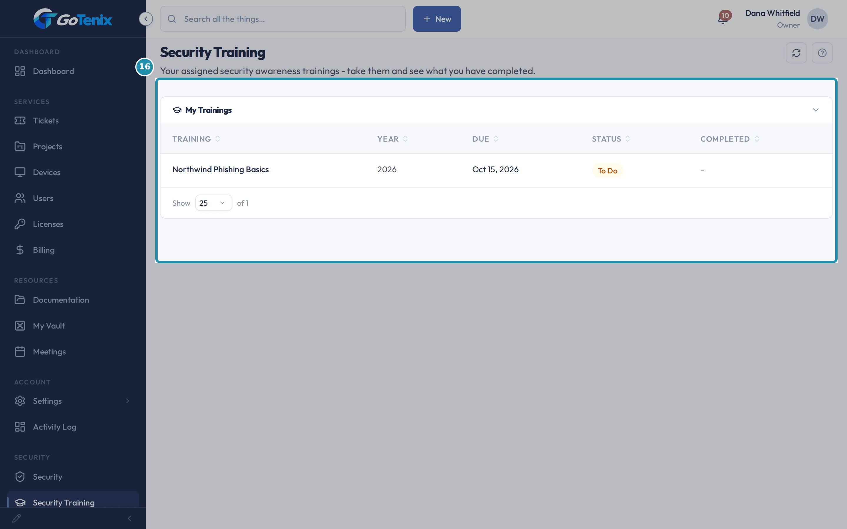 The client portal Security Training page with the My Trainings list boxed, showing an assigned training and its due date.