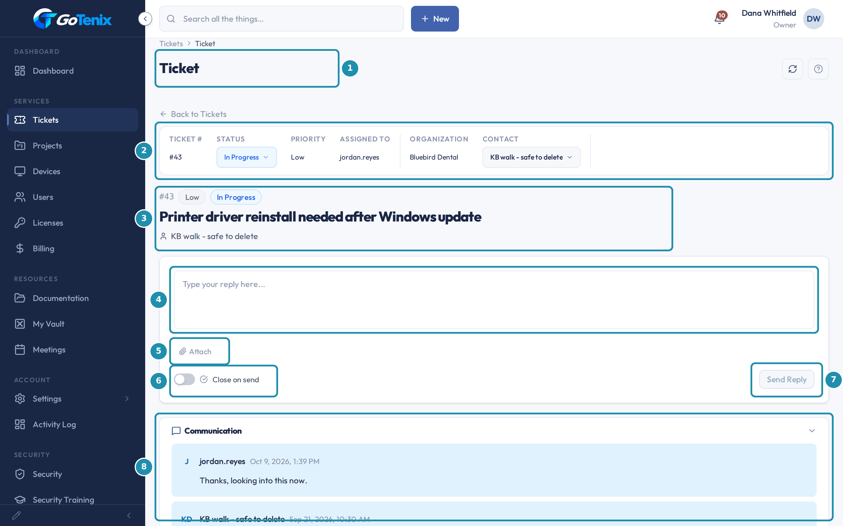 A ticket in the client portal, seen as Dana Whitfield, Owner, with numbered badges on the page, the state strip, the subject and chips, the reply box, Attach, Close on send, Send Reply and the Communication thread.